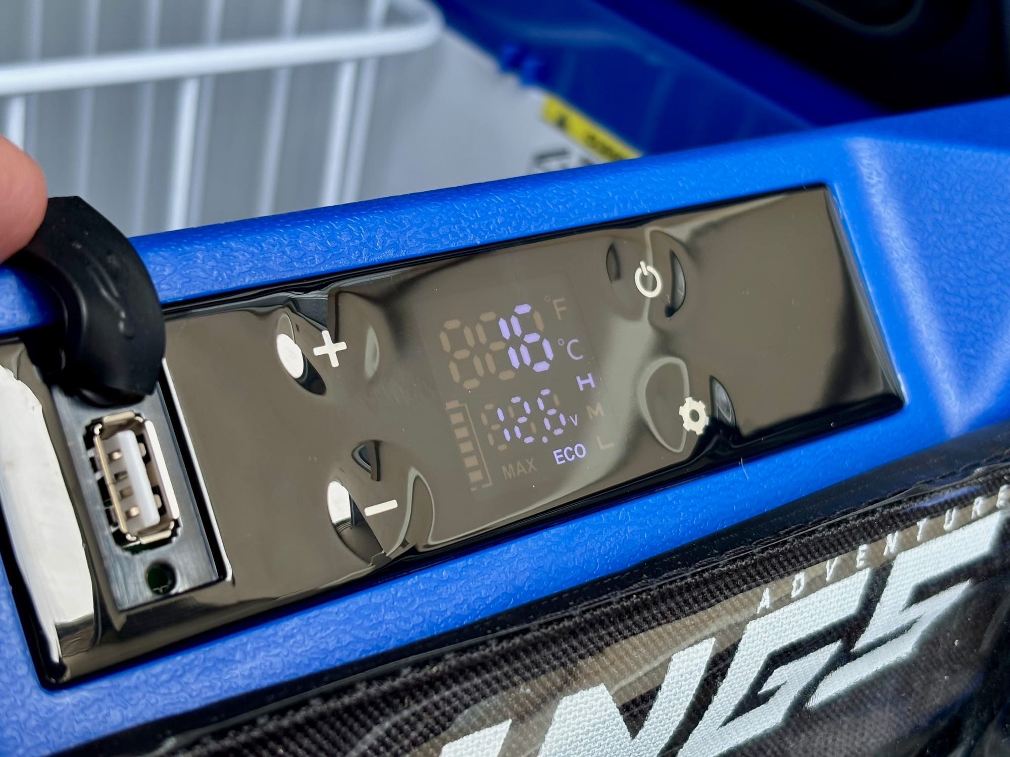 The control panel of the Kings 40L fridge with the USB socket next to it