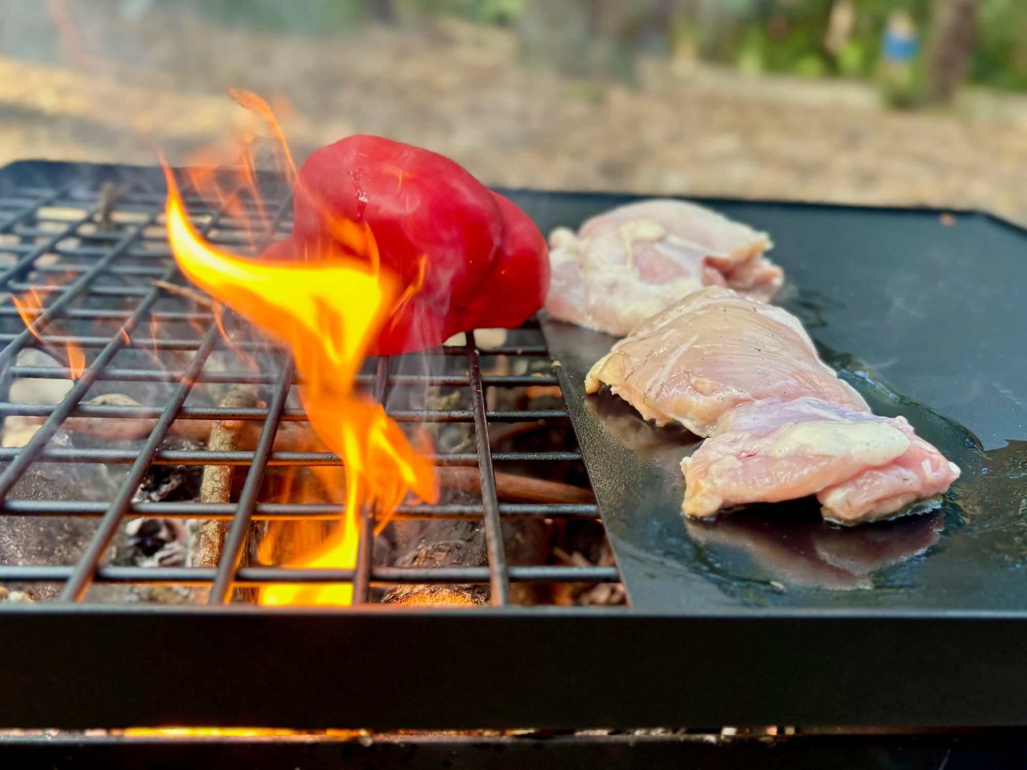 Flames coming through the grill next to chicken thighs and a capsicum on the Kings Camp Fire BBQ Plate