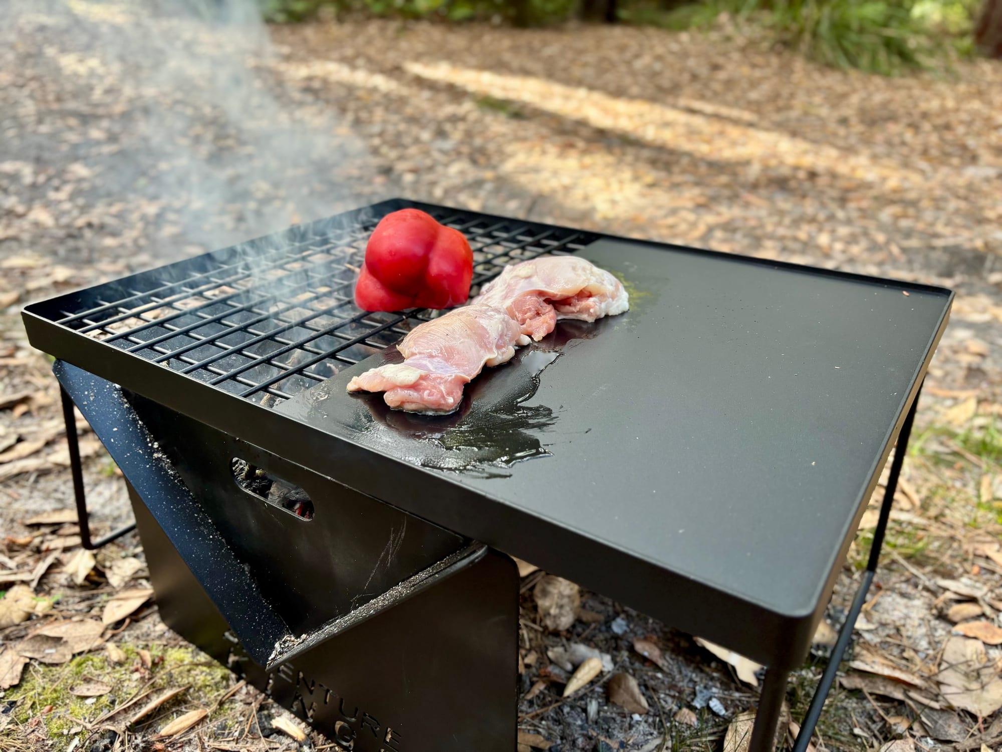 Chicken thighs on the hotplate and a capsicum on the grill of the Kings Camp Fire BBQ Plate, over the fire pit