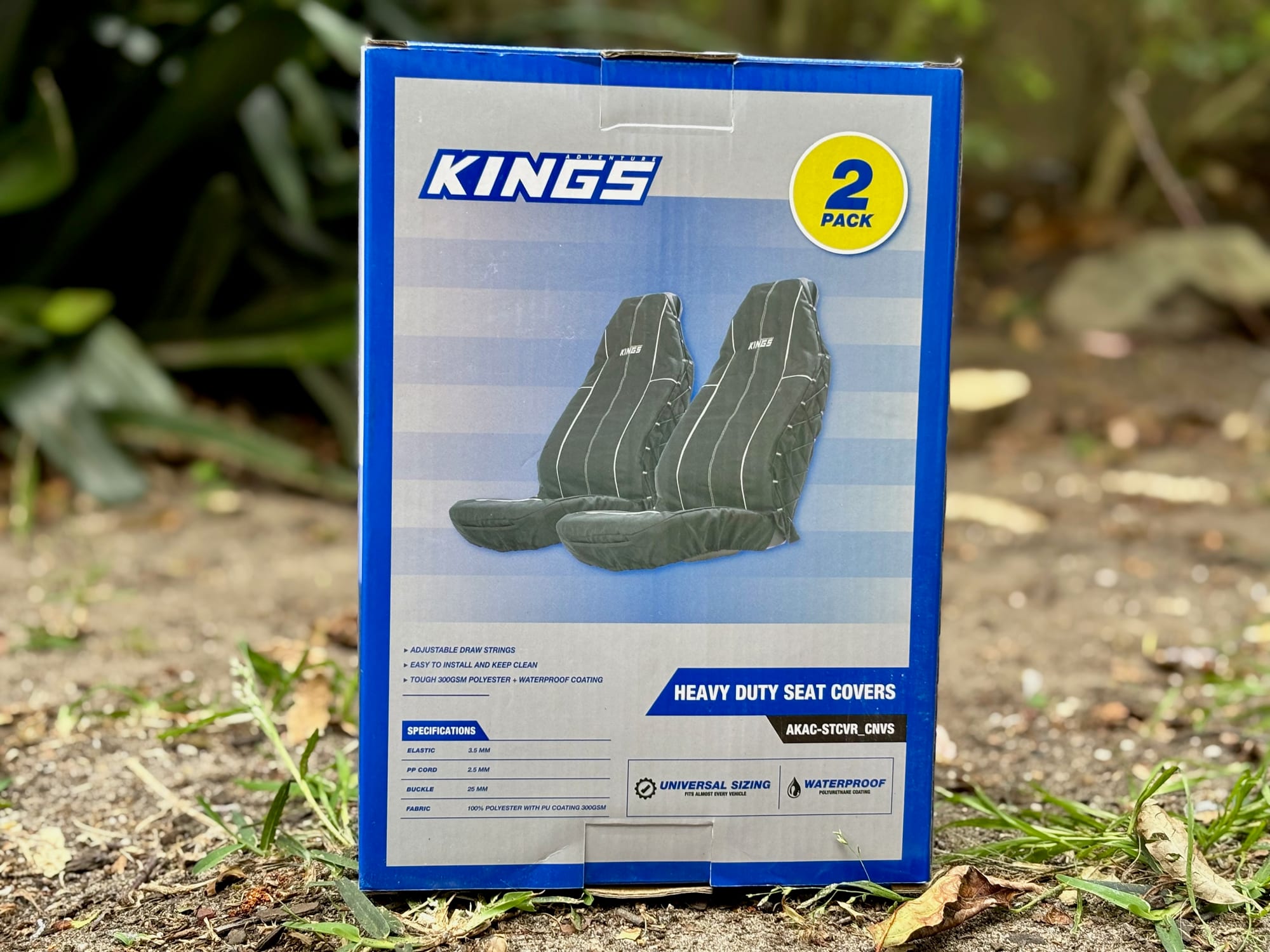 The Kings Heavy Duty Seat Covers box: 2 pack, adjustable draw strings, 300 gsm polyester with waterproof coating