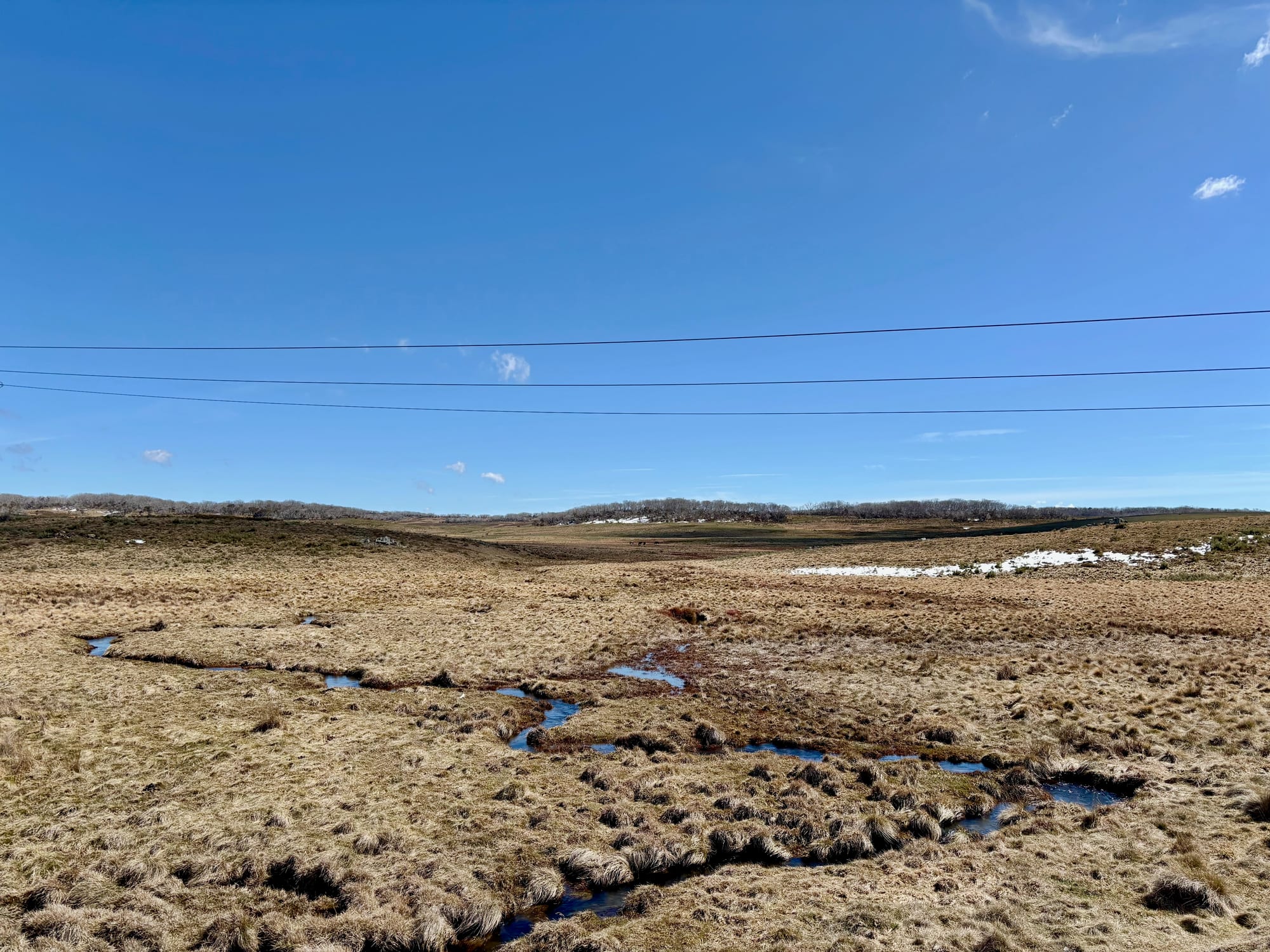 A creek winding through the grass on the open high plains beside the Snowy Mountains Highway