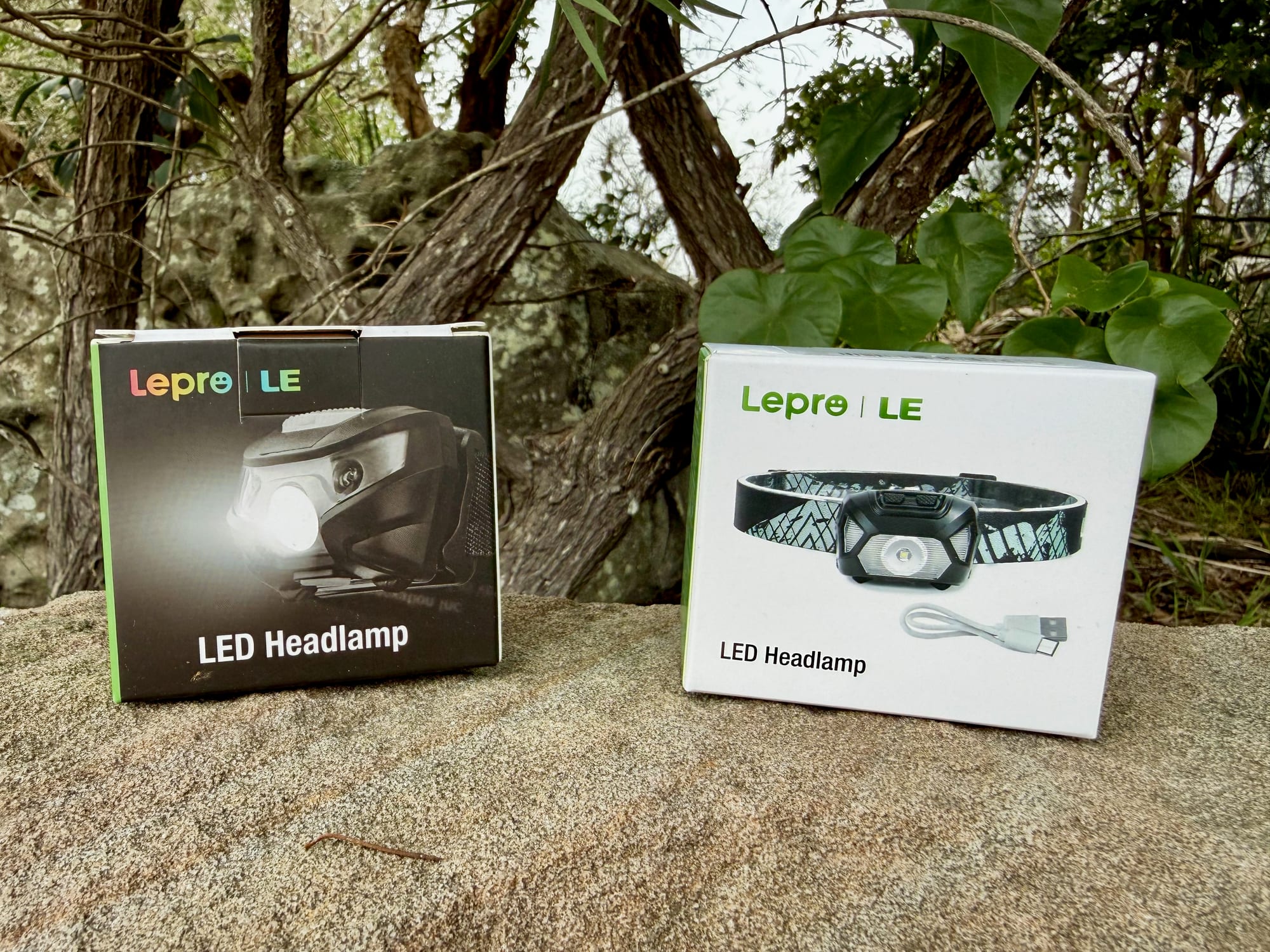 The boxes of the two Lepro headlamps side by side: model 320014 and model 3200008