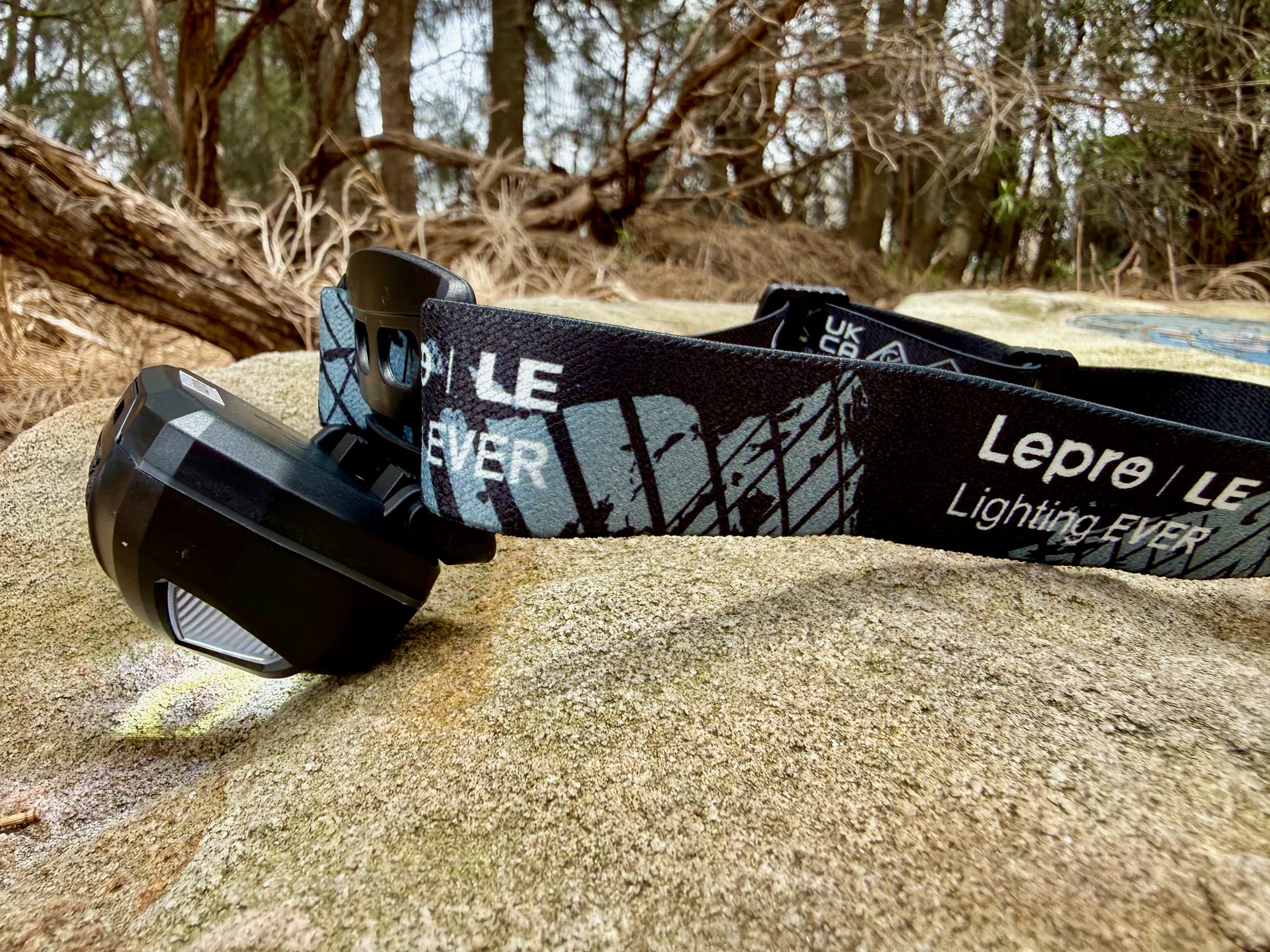 The Lepro 320014 tilted down on its bracket, lighting the rock in front of it