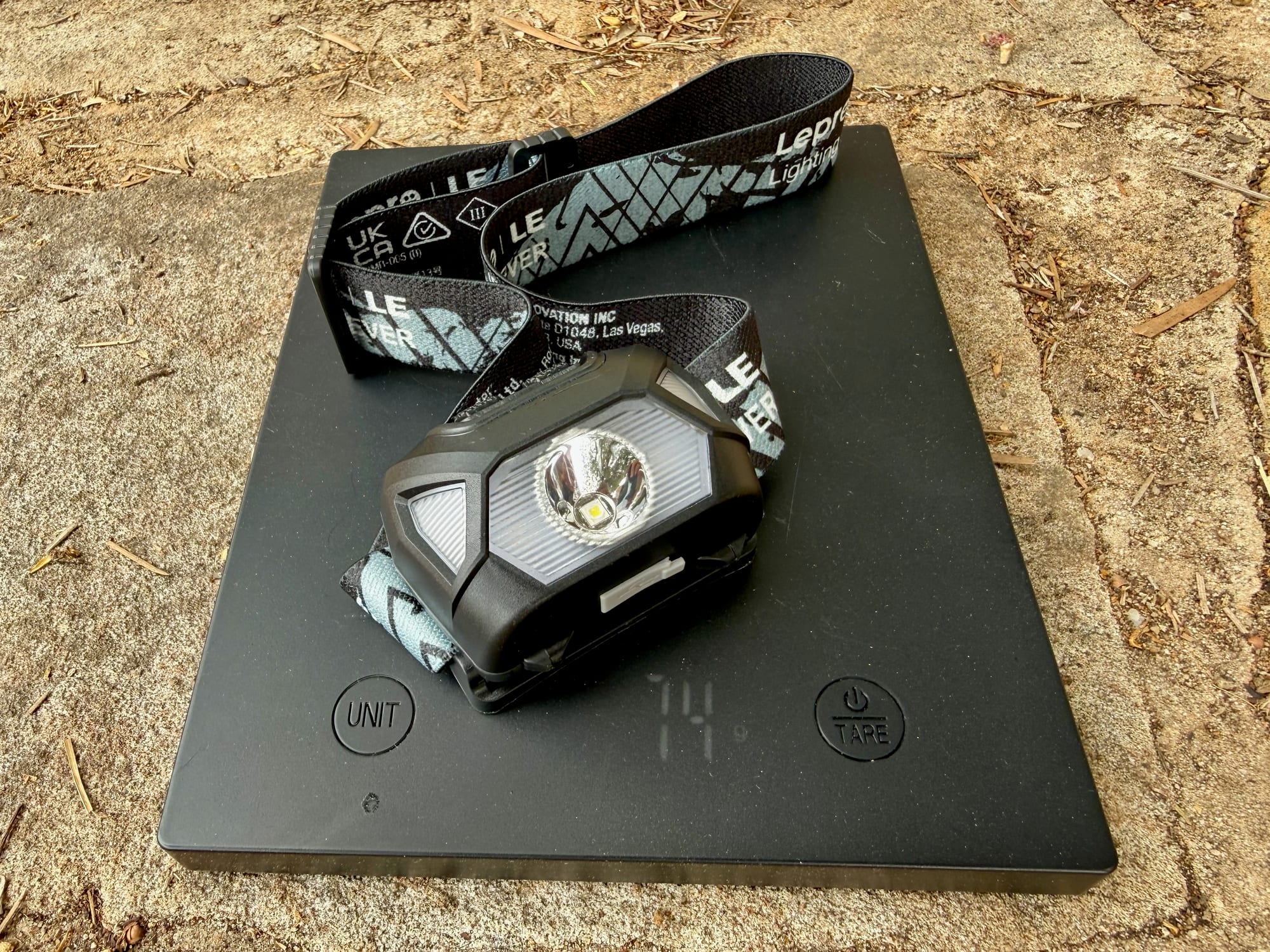 The Lepro 320014 headlamp on the scale at 74 g