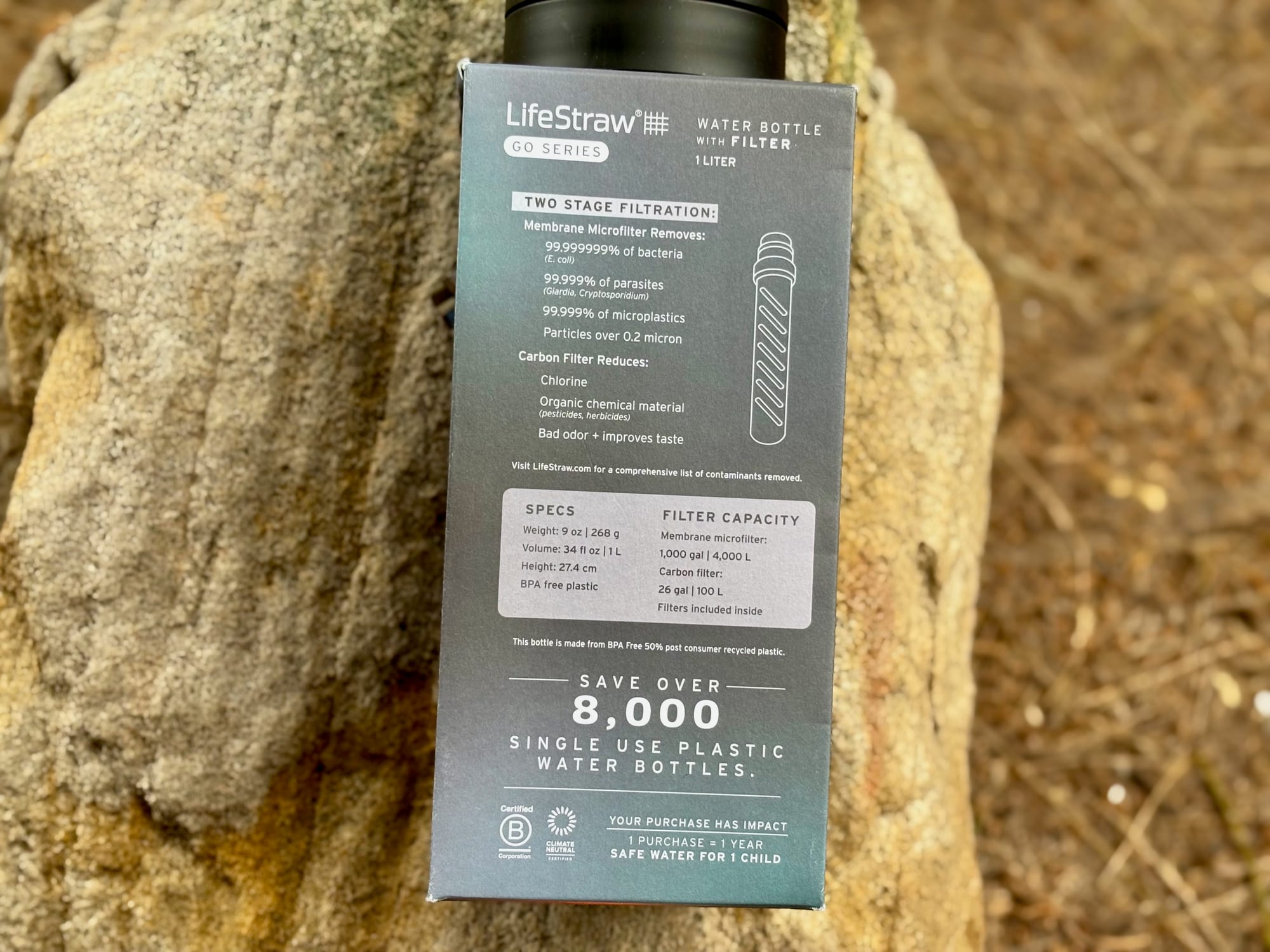 The specifications and filter claims printed on the LifeStraw Go box