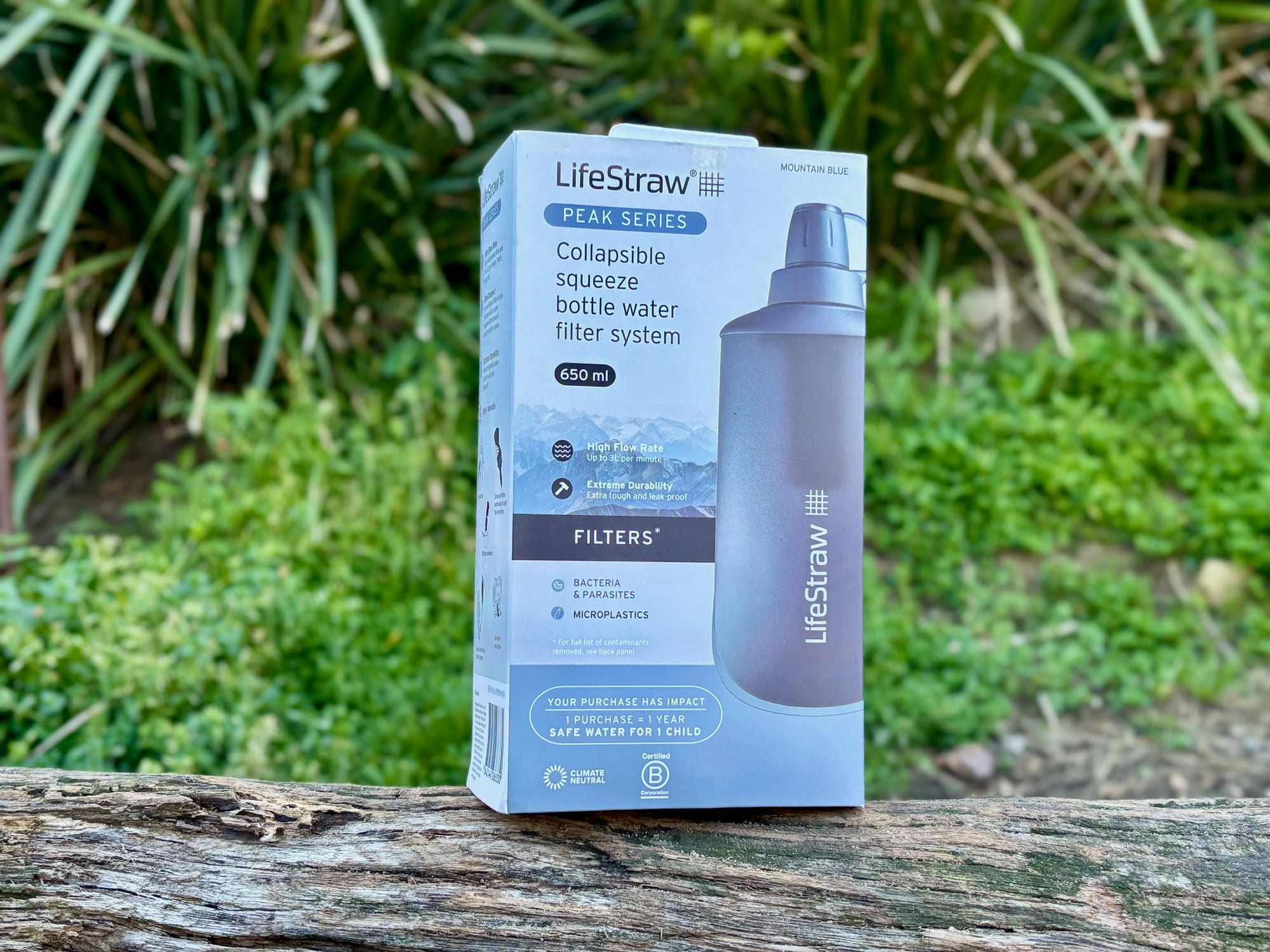 The LifeStraw Peak Squeeze in its box: Peak Series collapsible squeeze bottle water filter system, 650 ml