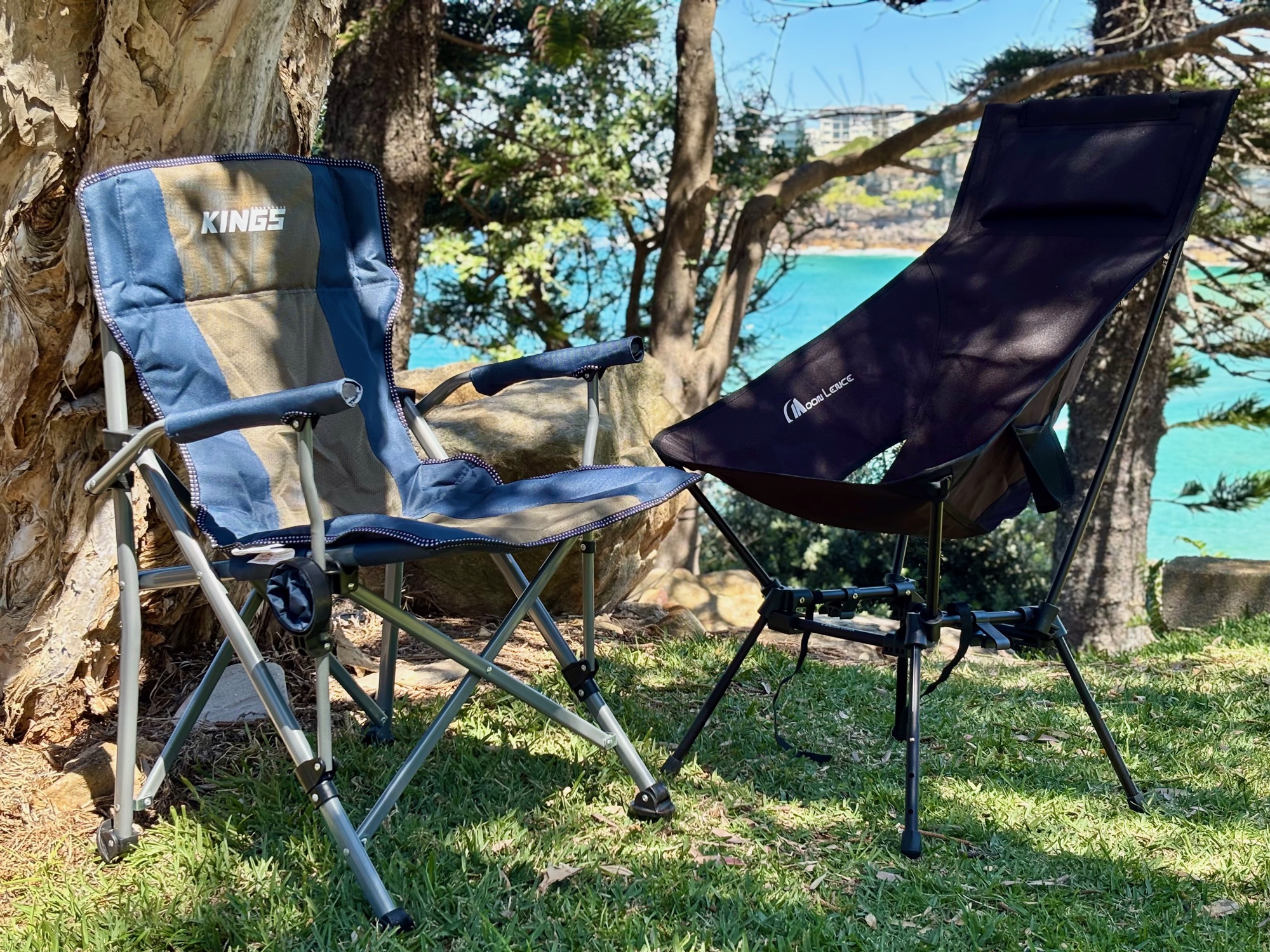 The Kings Deluxe Armchair and the Moon Lence high back chair set up side by side
