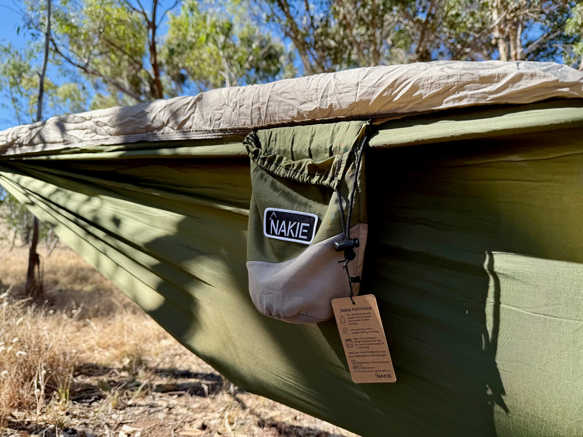 The stuff sack sewn to the side of the Nakie hammock, used as a pocket
