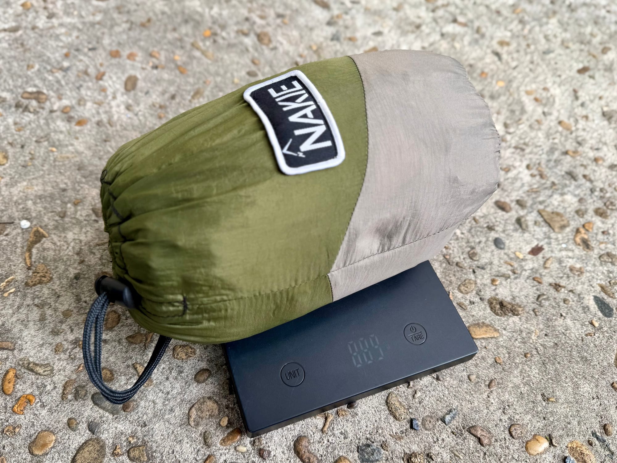 The Nakie hammock in its stuff sack on the scale