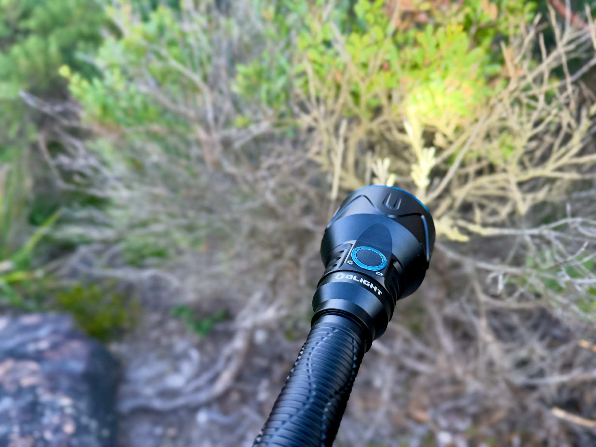 The Javelot Pro 2 held up and switched on, lighting up the coastal bush ahead
