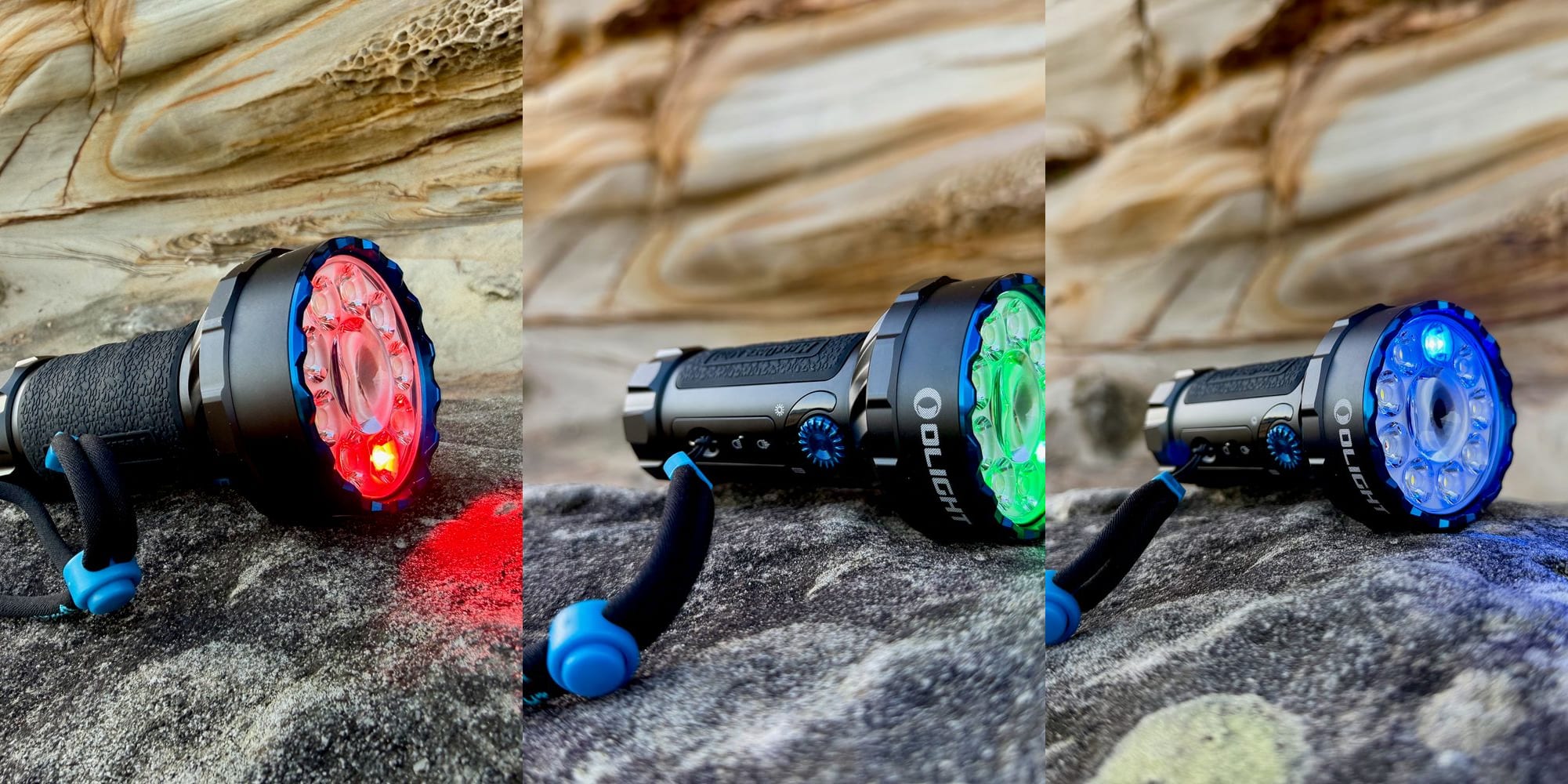 The Olight Marauder Mini with its red, green and blue light on, side by side