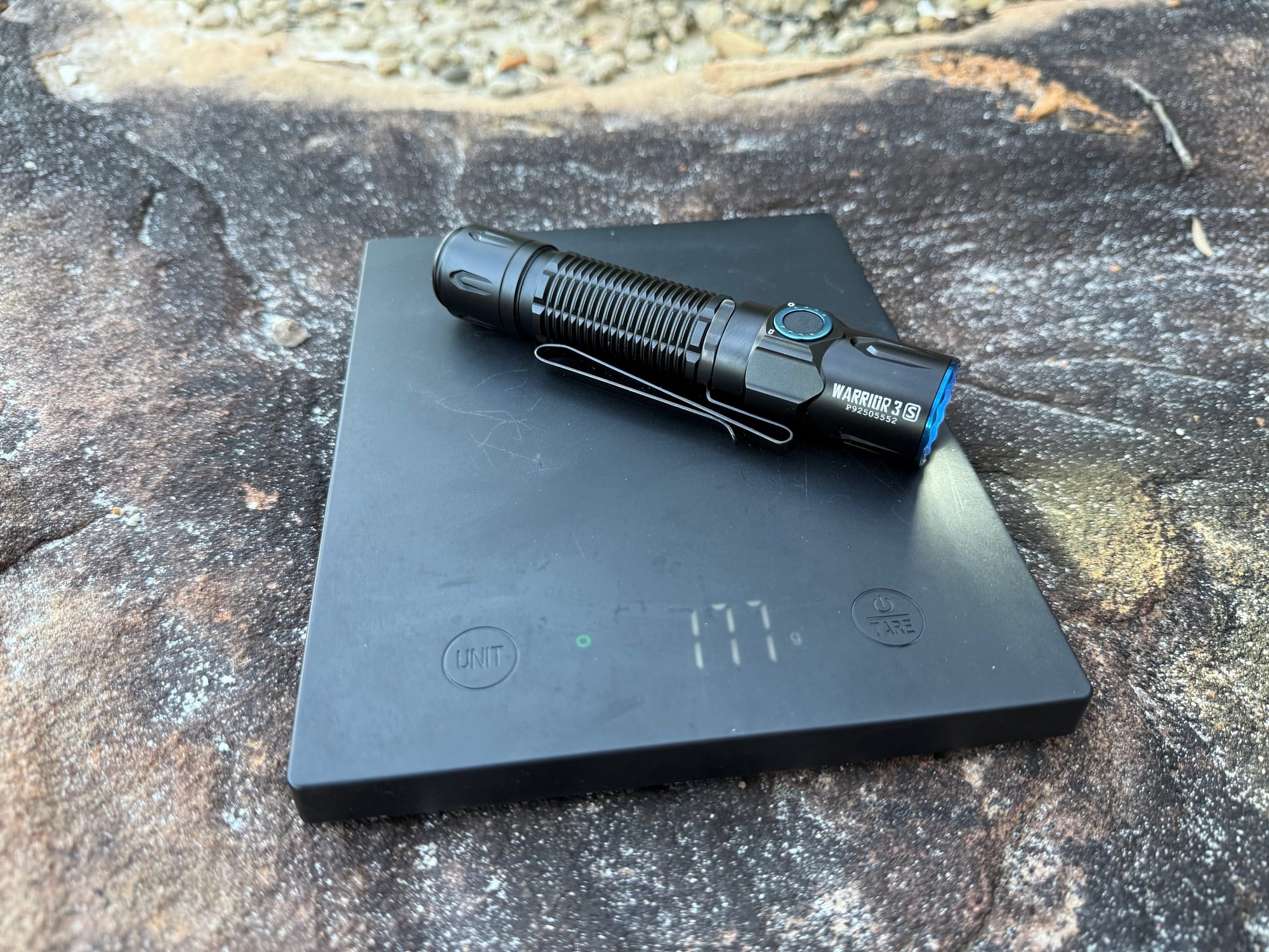 The Warrior 3S on a kitchen scale showing 177 g