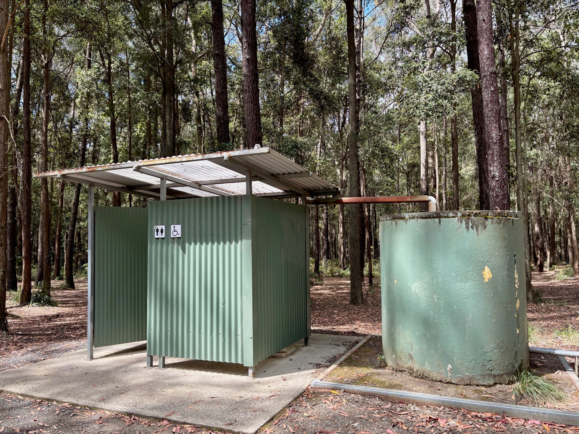 The toilet block and water tank at Olney Headquarters Camping Area