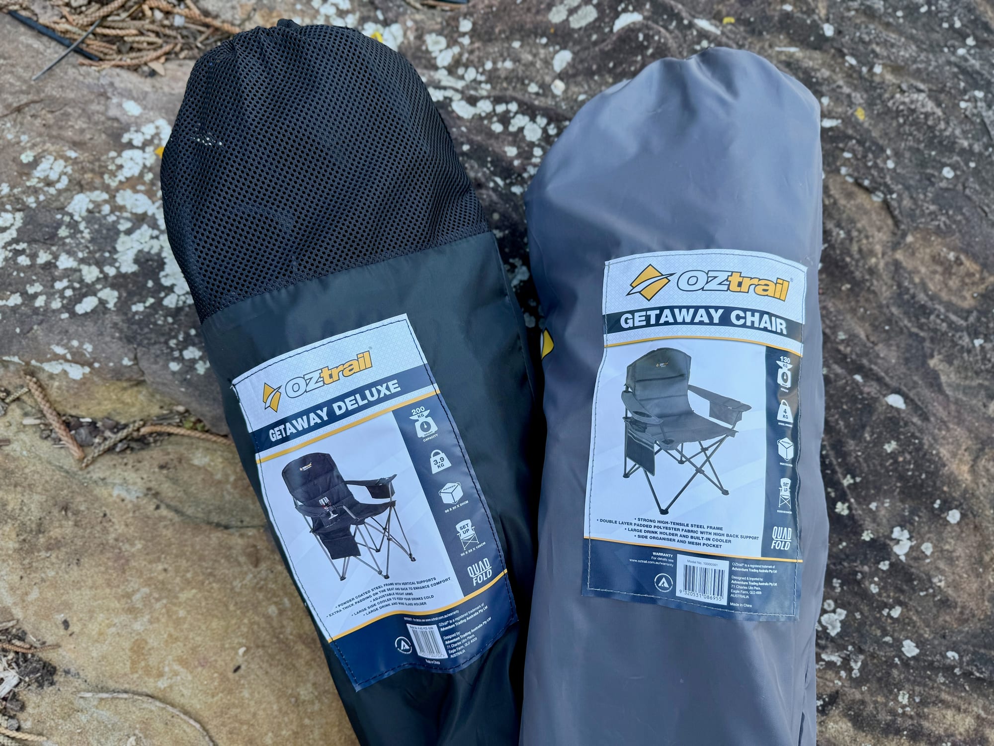The Getaway Deluxe and the Getaway Chair packed in their carry bags