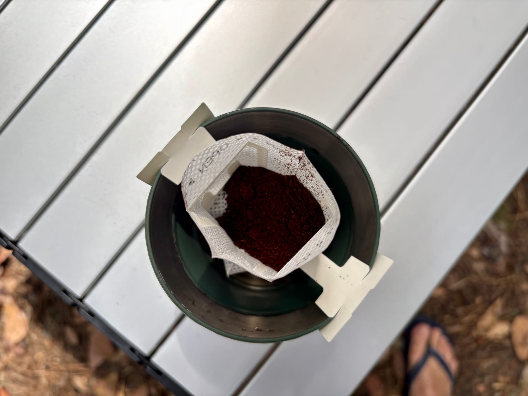 Ground coffee in the drip filter bag