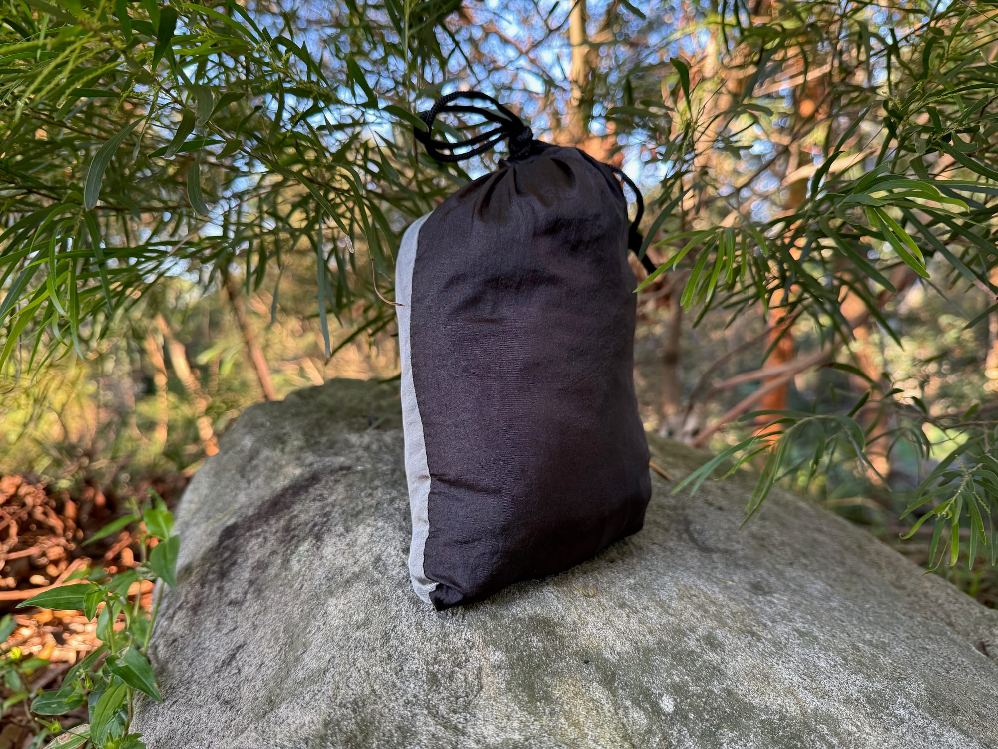 The packed hammock in its black stuff sack on a rock in the bush
