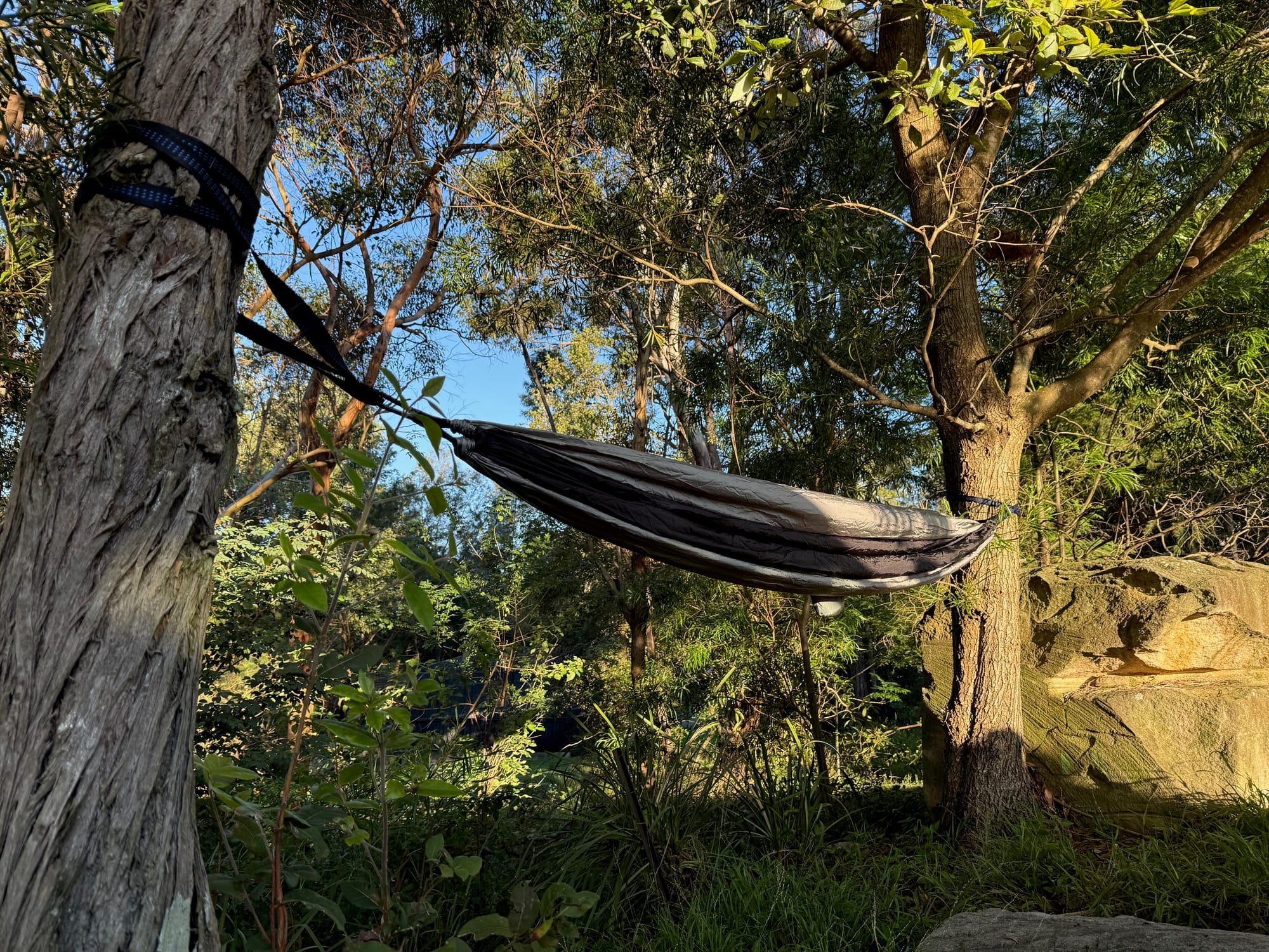 The black and grey single hammock hung between two trees in the bush