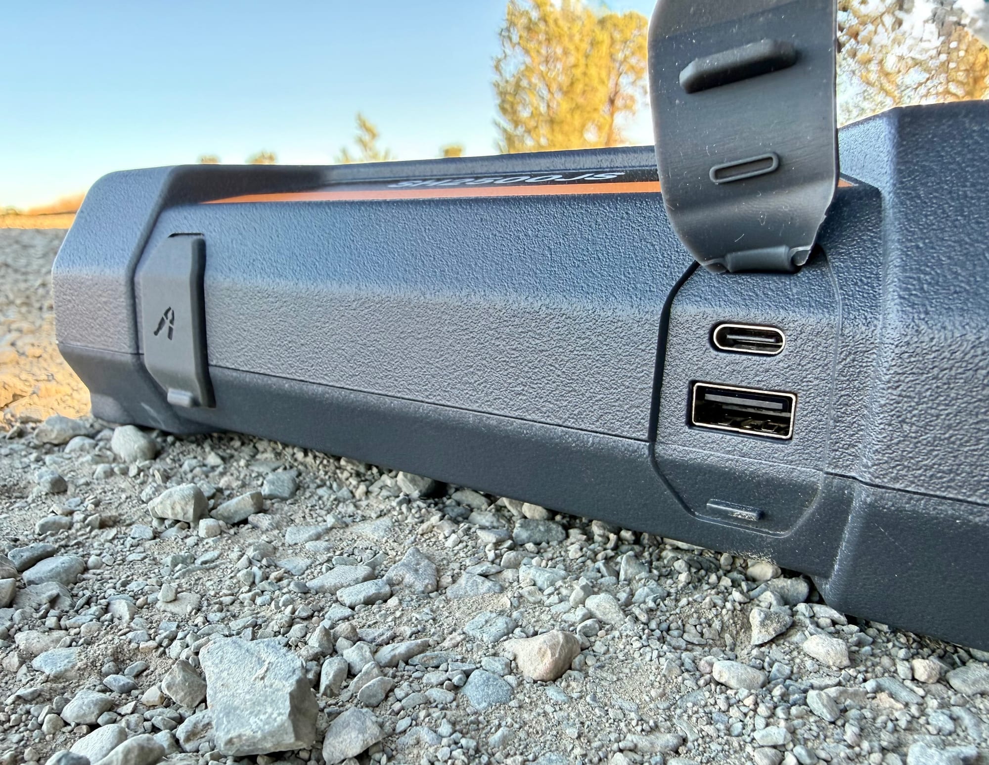 The USB-C and USB-A ports on the side of the San Hima, with the rubber flap open
