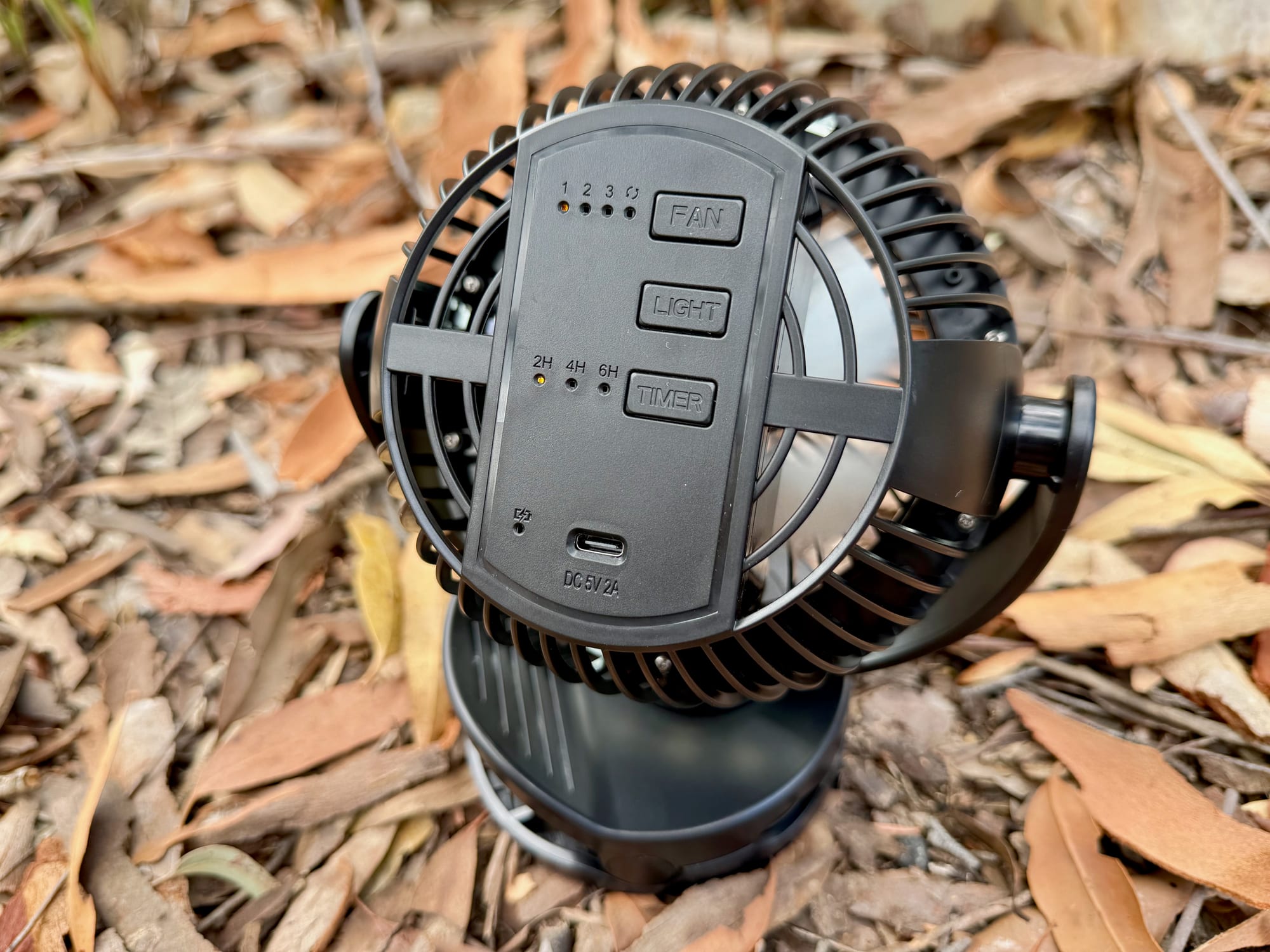 The control panel on the back of the San Hima clip fan: FAN, LIGHT and TIMER buttons and a USB-C port