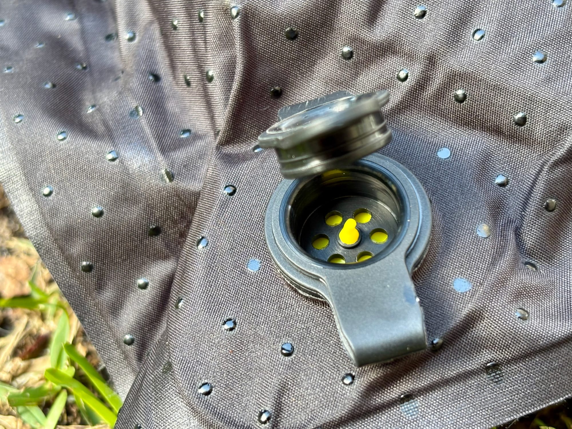 The open valve at the corner of the San Hima self-inflating mattress