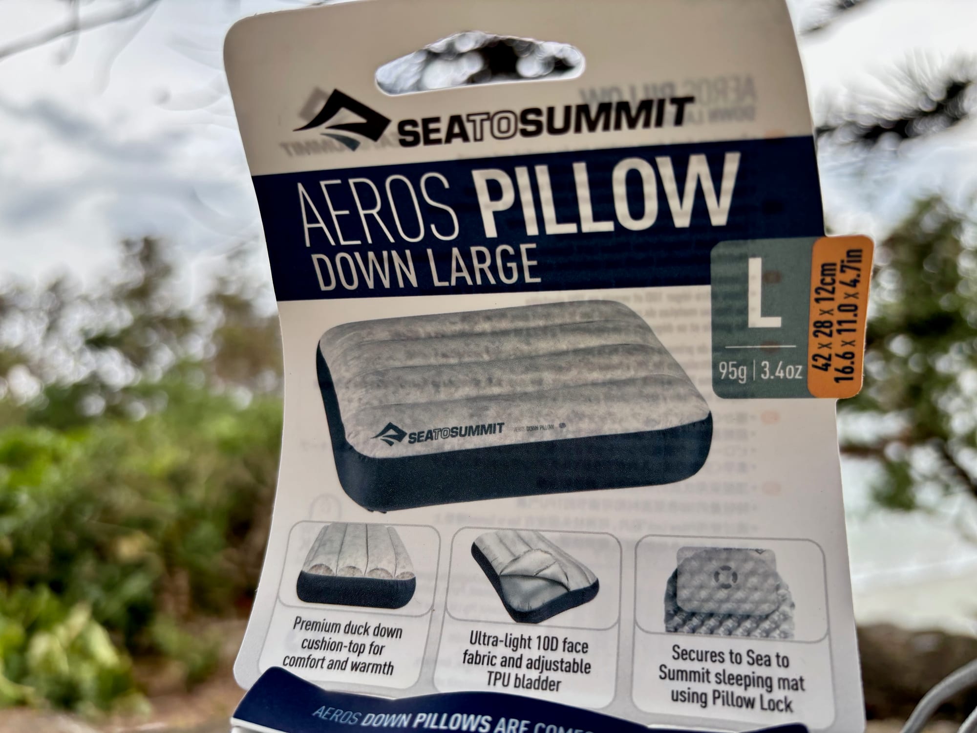 The Sea to Summit Aeros Down Pillow Large on its card, showing 95 g
