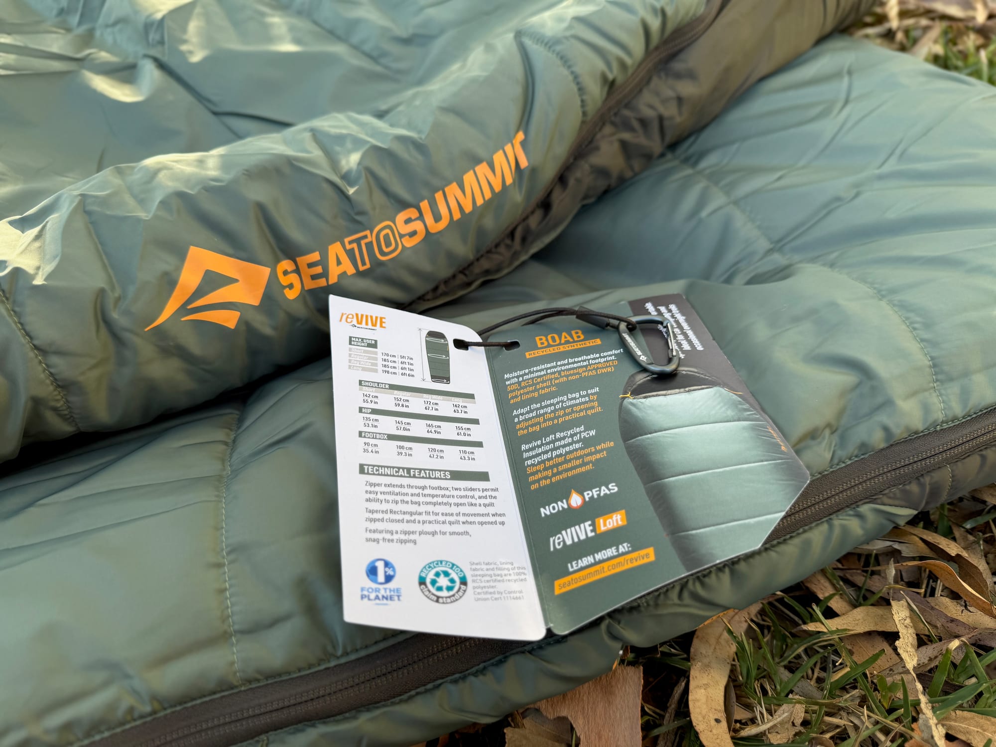 The Sea to Summit Boab with its swing tags and the small Sea to Summit carabiner