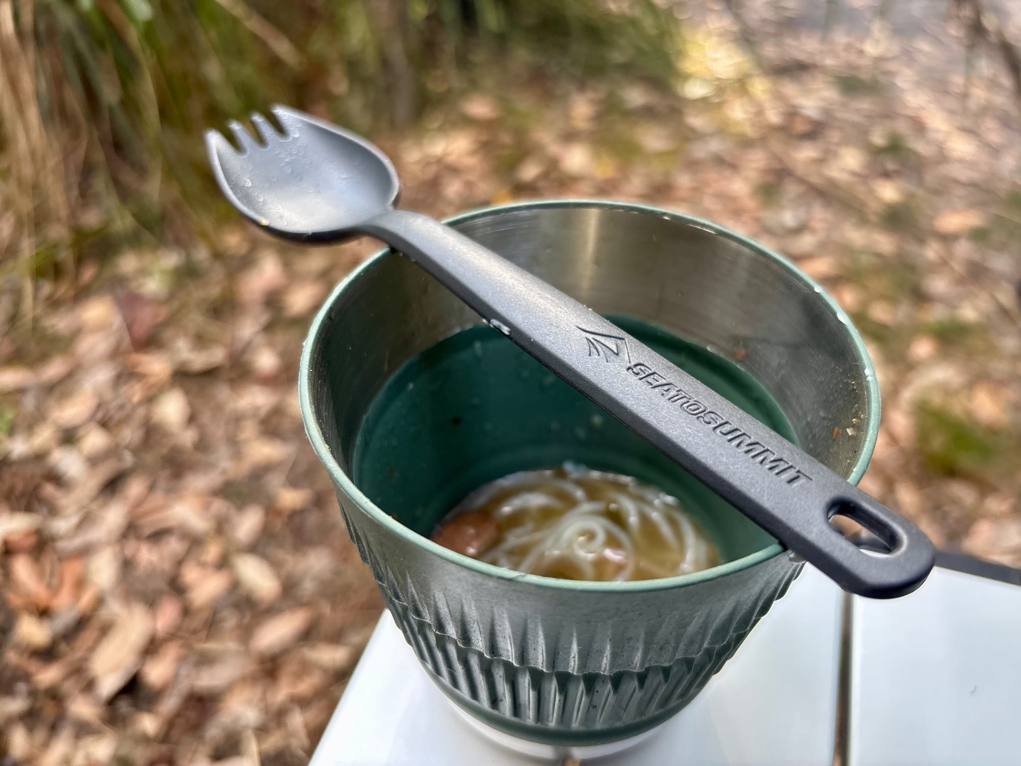 The handle of the Sea to Summit spork with the Sea to Summit logo and the carabiner hole