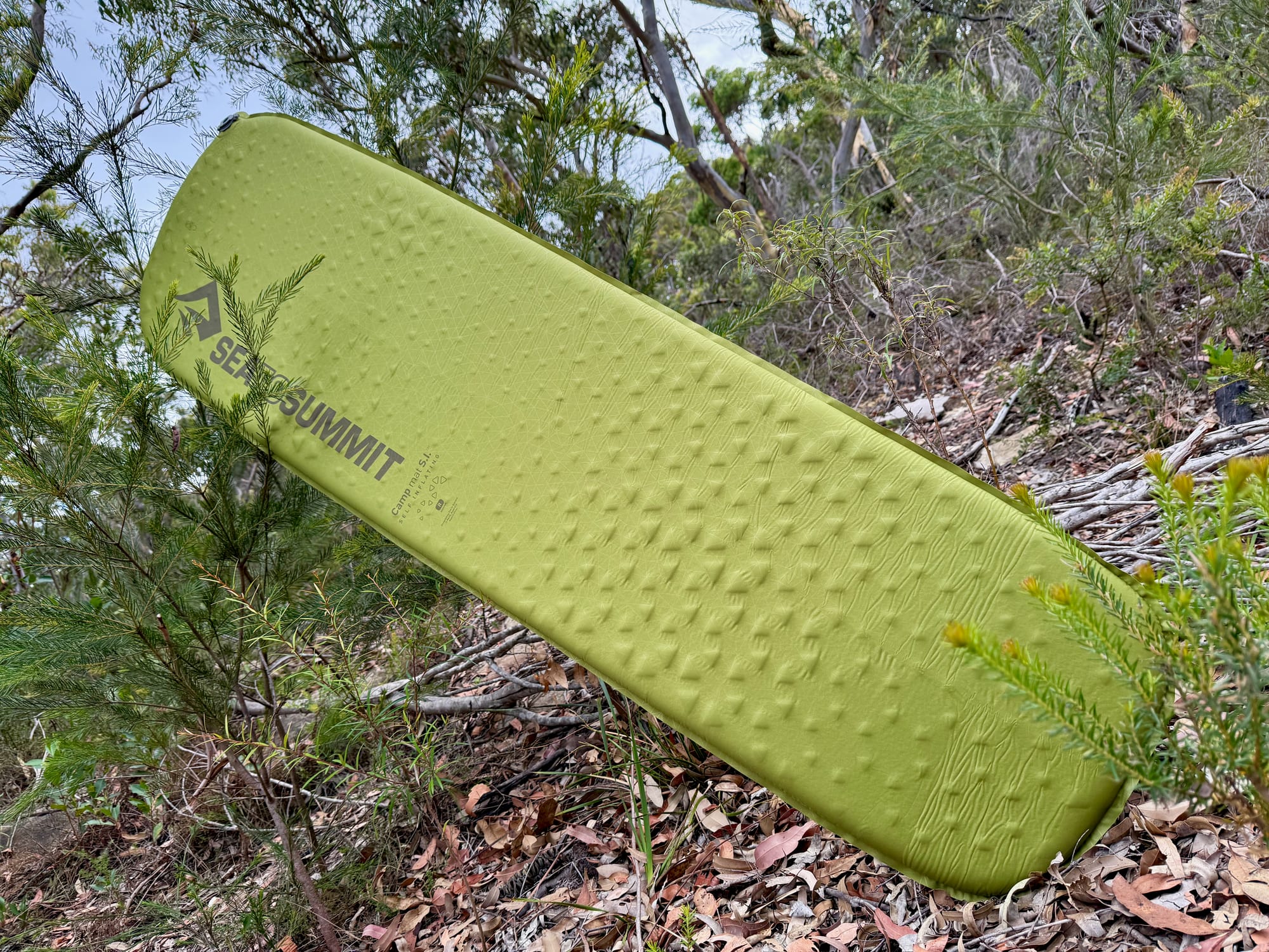 Green Sea to Summit Camp Mat SI self-inflating sleeping mat inflated and leaning against a bush