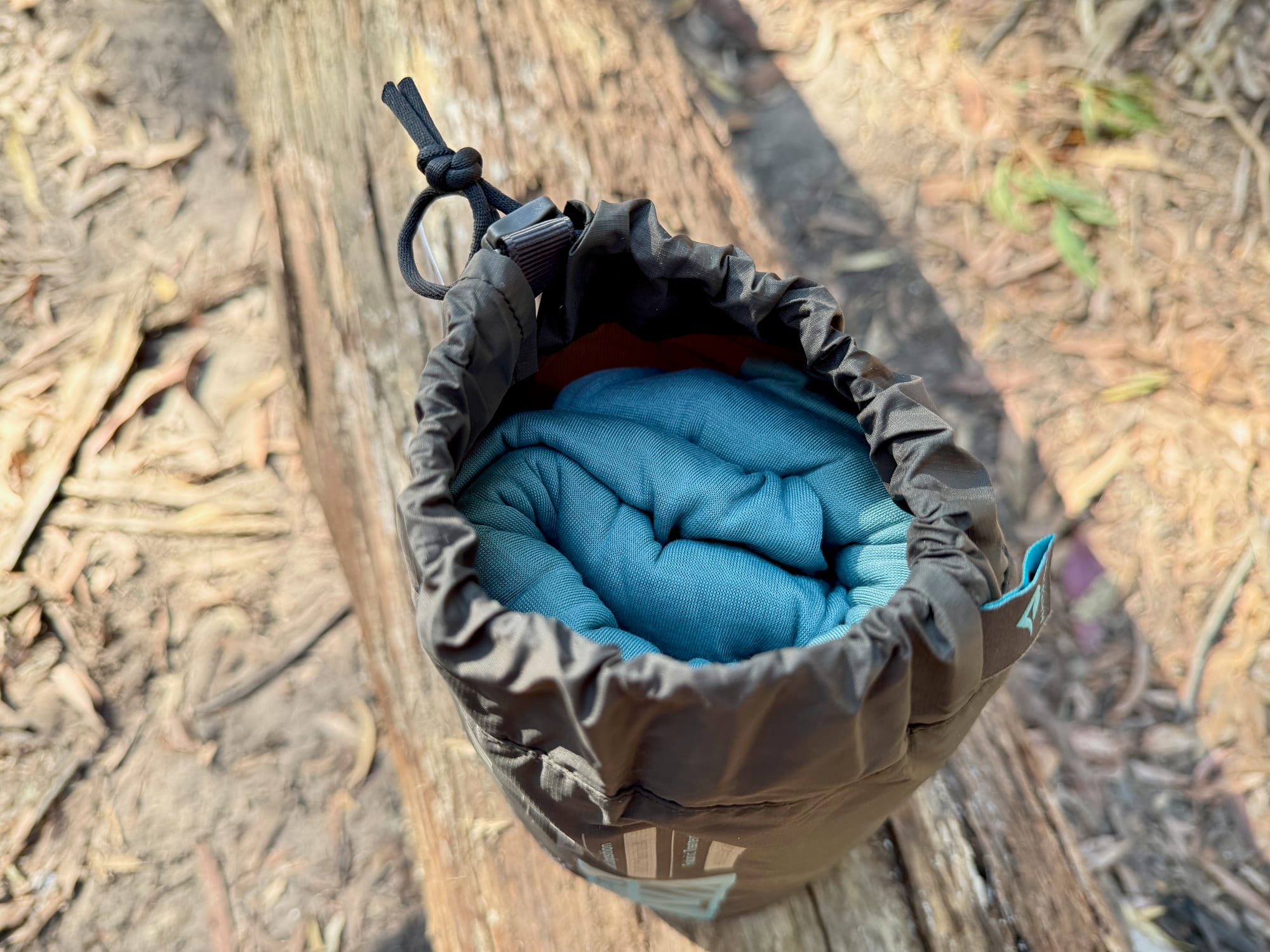The Comfort Blend liner packed into its open stuff sack