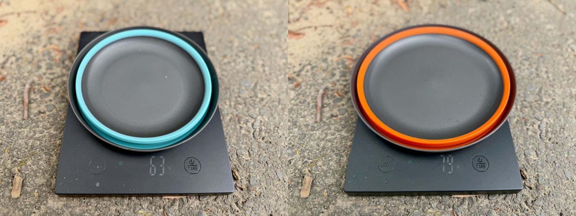 The aqua Medium Frontier bowl on a scale showing 63 g and the orange Large showing 79 g