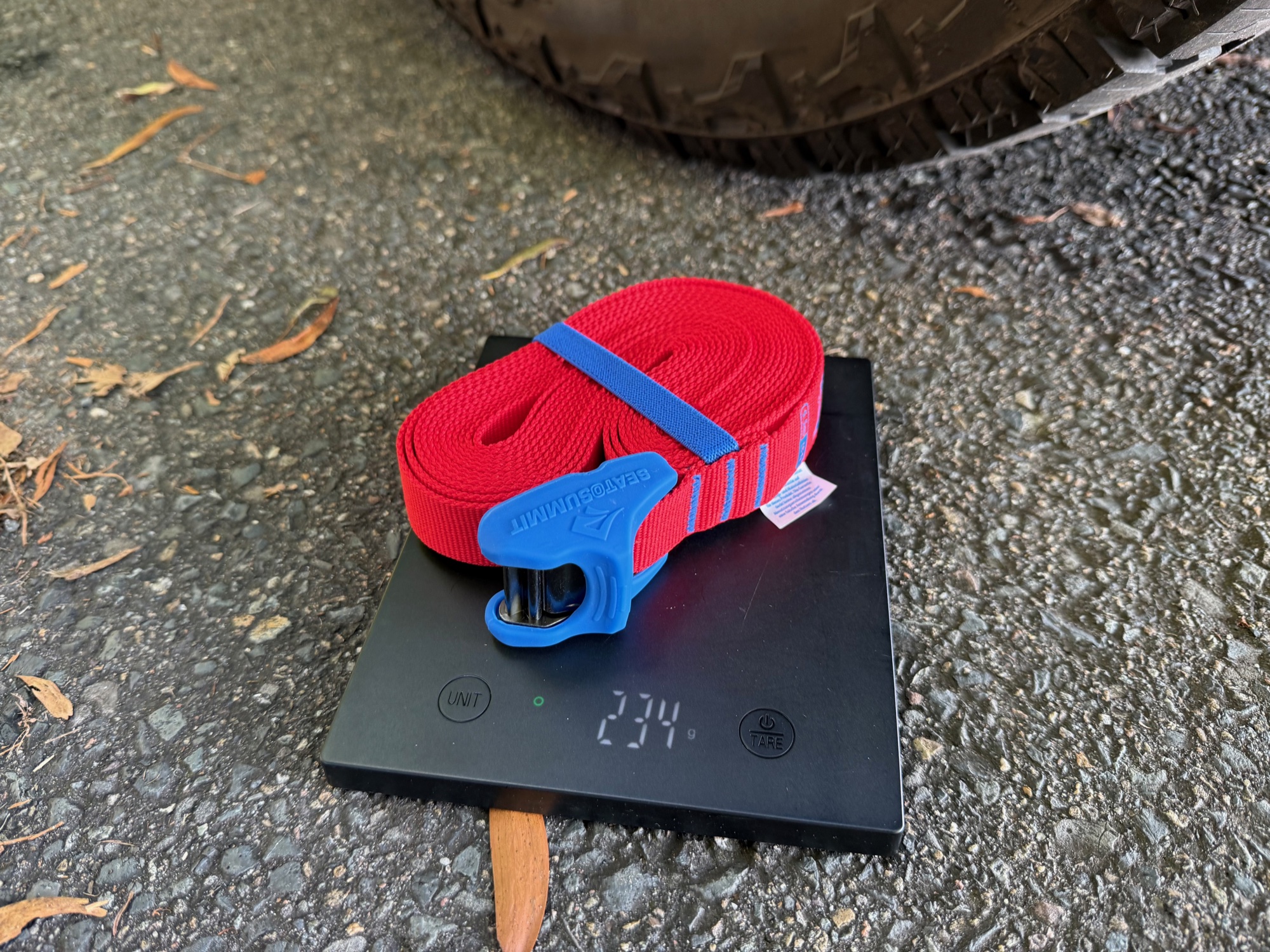 One Sea to Summit Heavy Duty Tie Down on a kitchen scale showing 234 g