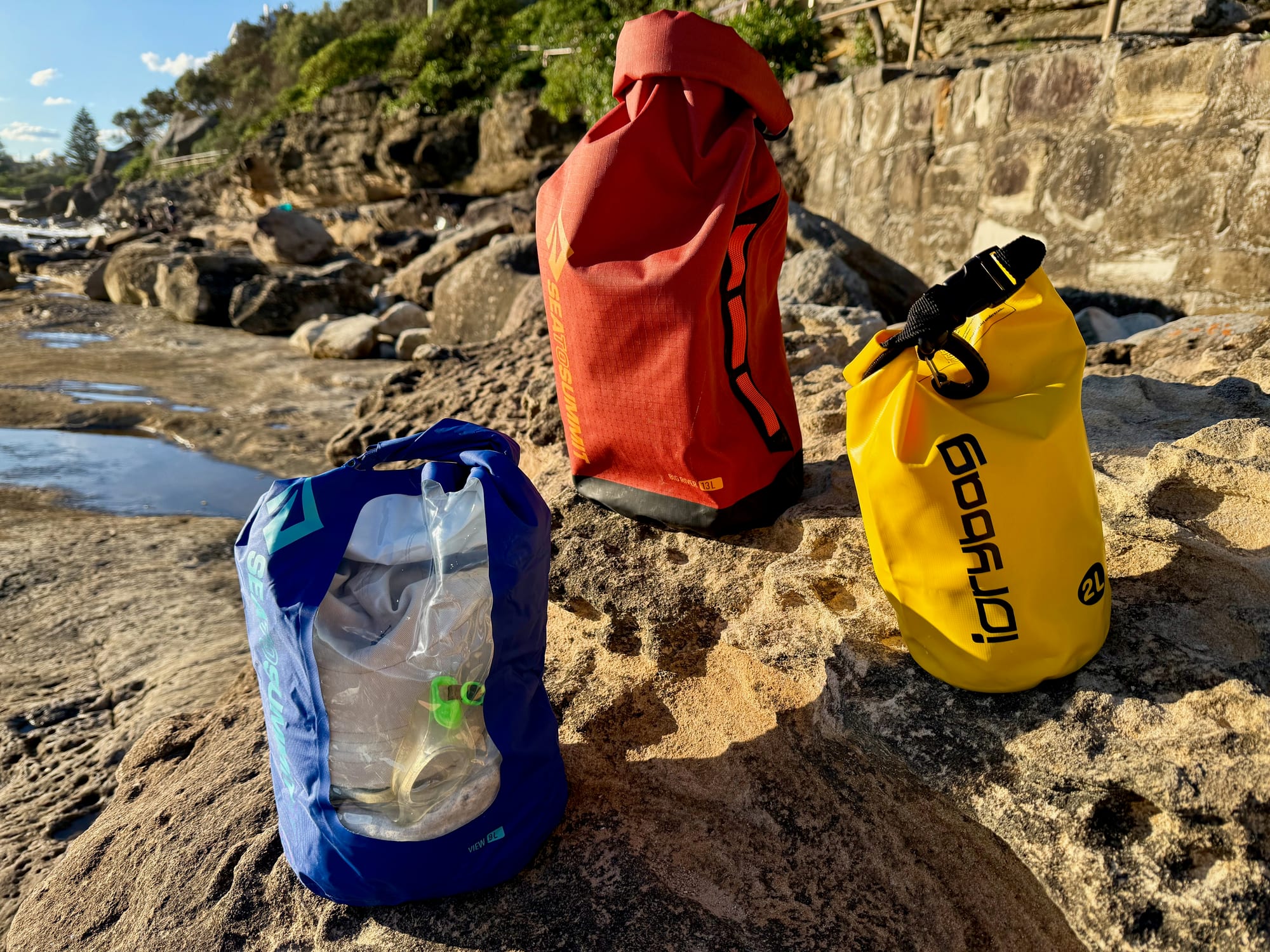 The Dry Bag View next to the Big River 13L and a 2 litre IDRYBAG, to show its size