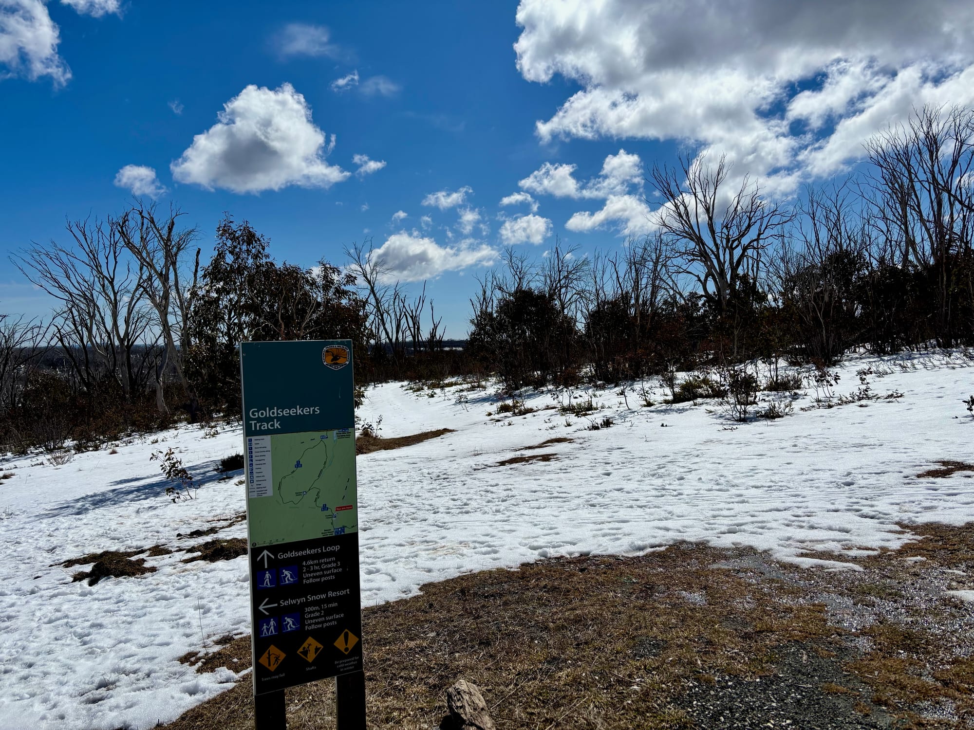 The Goldseekers Track sign at the car park on Link Road, with snow on the ground