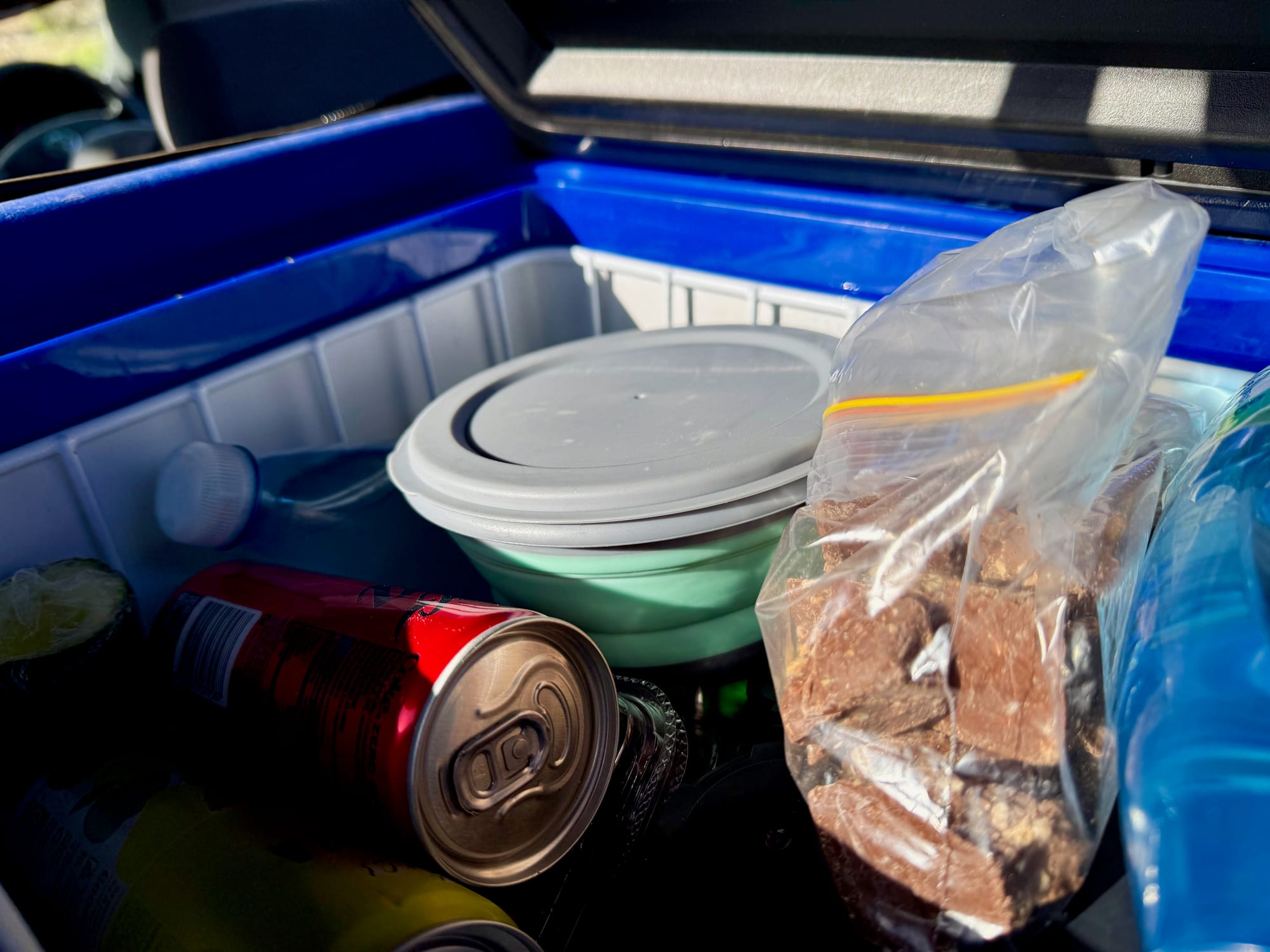 A lidded silicone bowl in the cooler next to a can and a bag of food