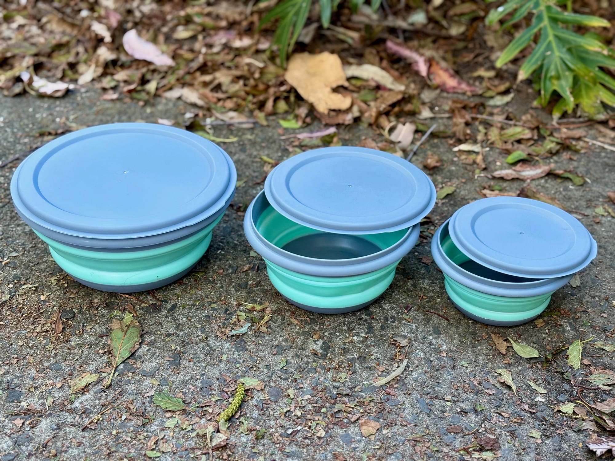 Three teal and grey silicone collapsible bowls in three sizes, each with its lid on
