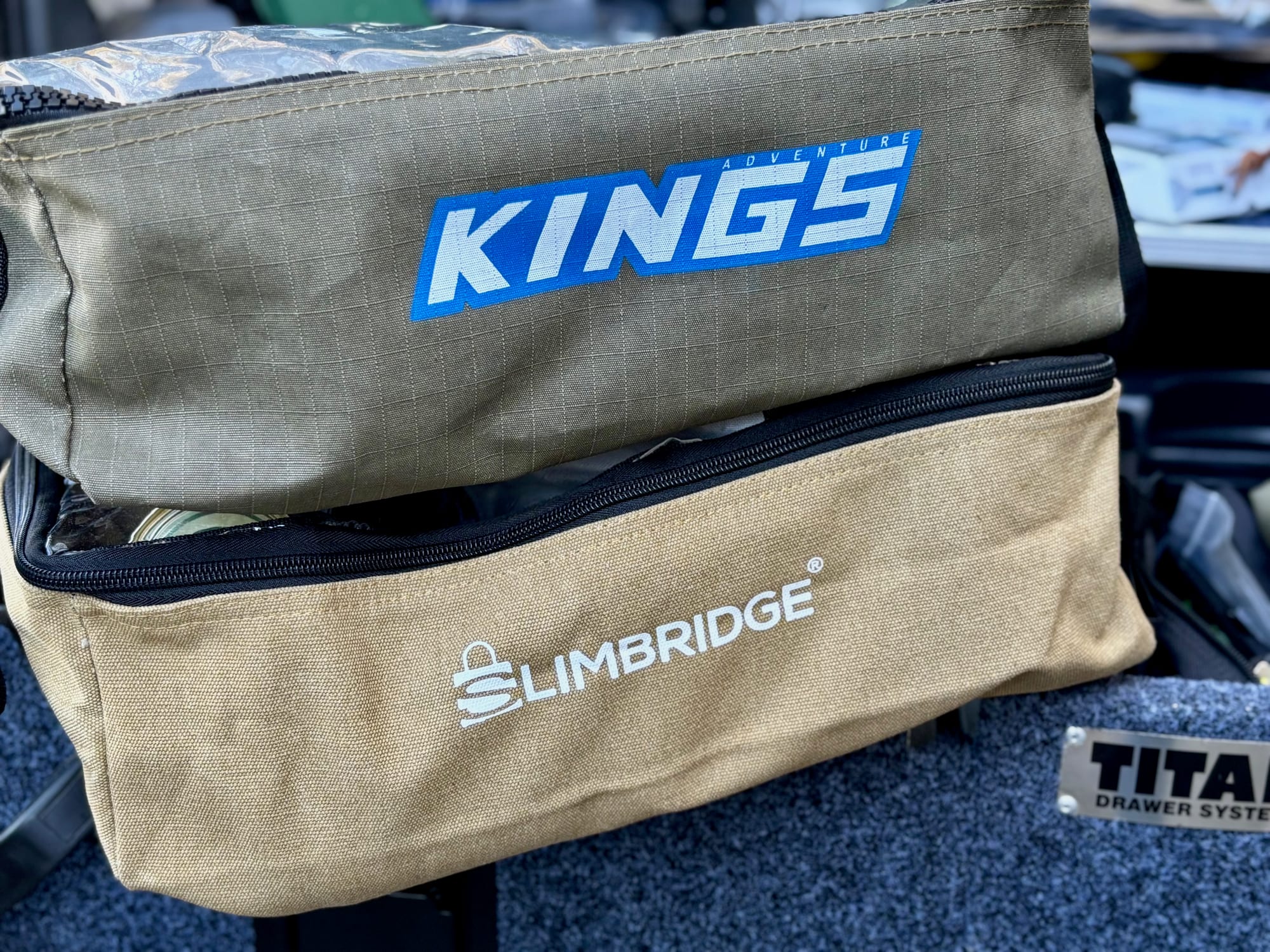 A Kings canvas clear top bag stacked on a Slimbridge bag in a Titan drawer