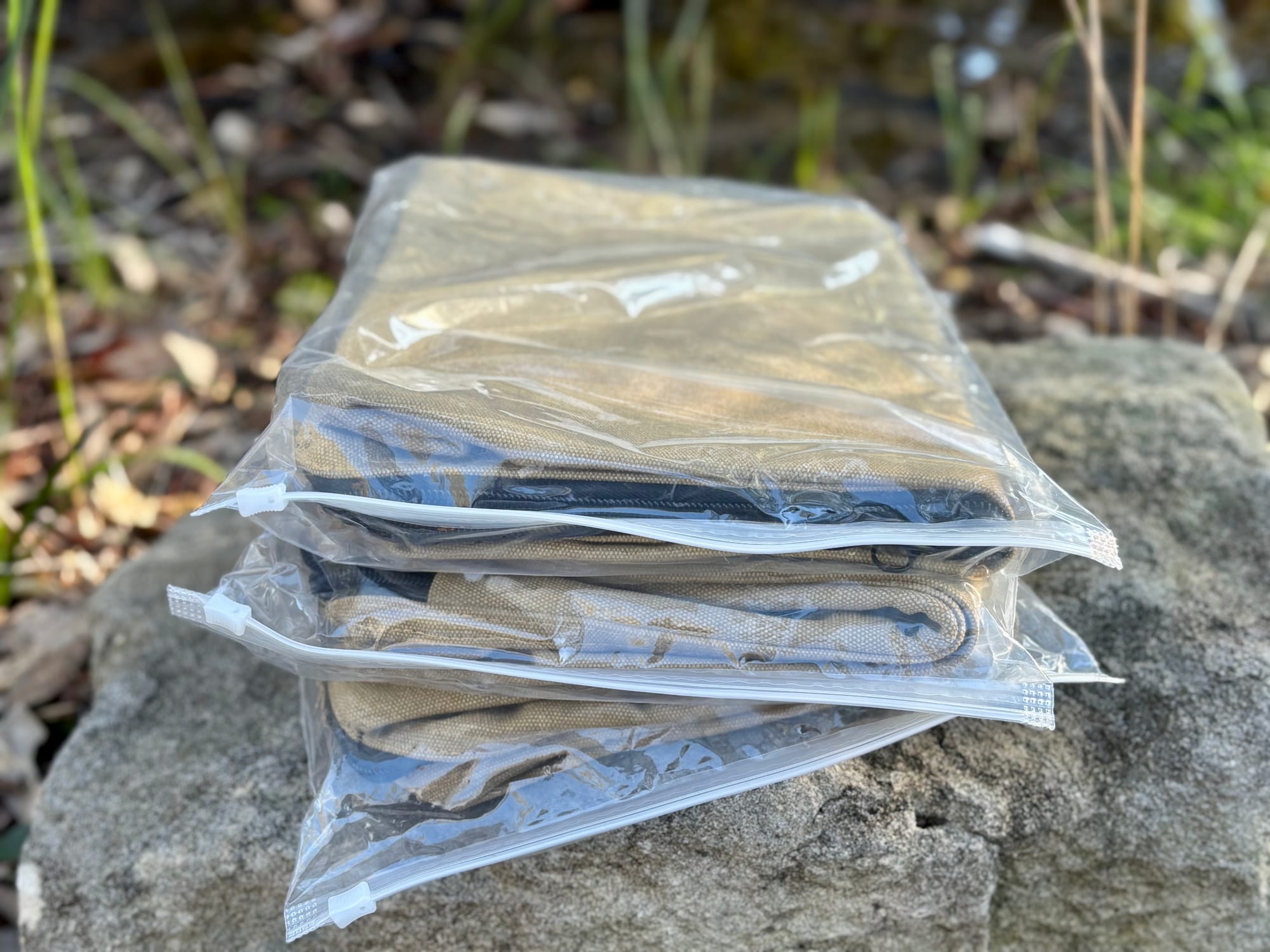 Three Slimbridge canvas storage bags, each in its own zip-lock packet