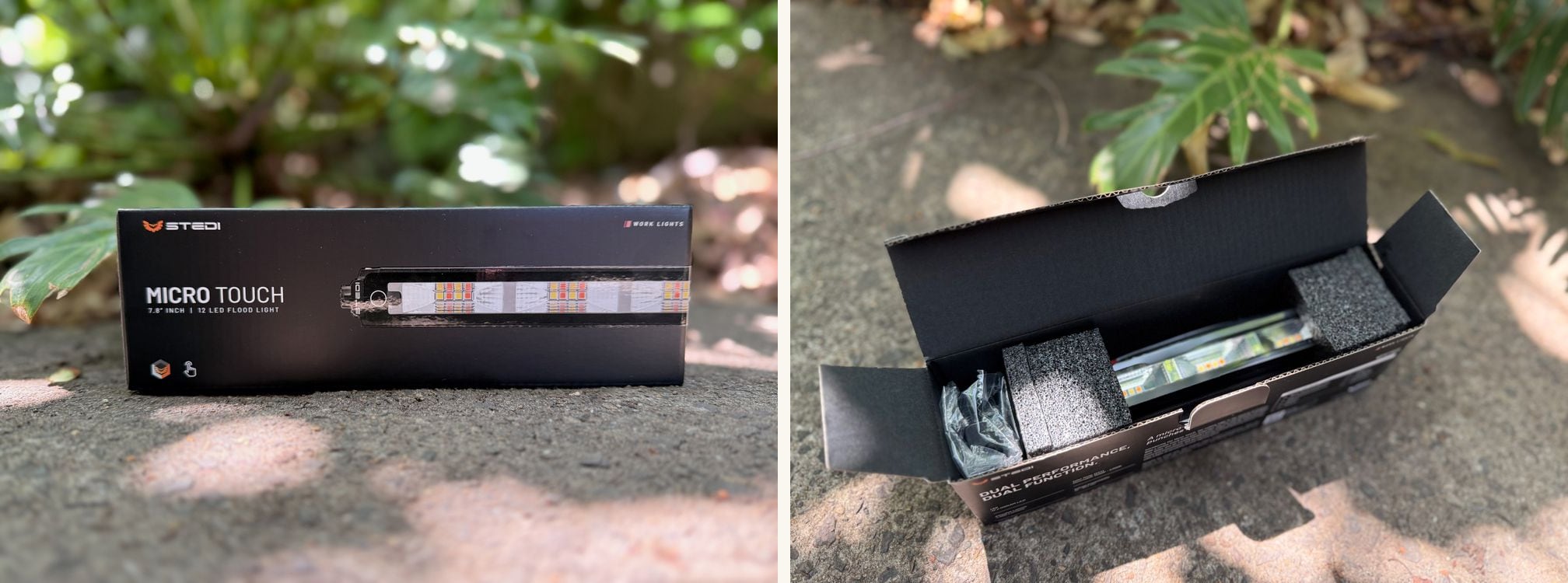 The Stedi Micro Touch box, and the box opened with the light and its parts in foam