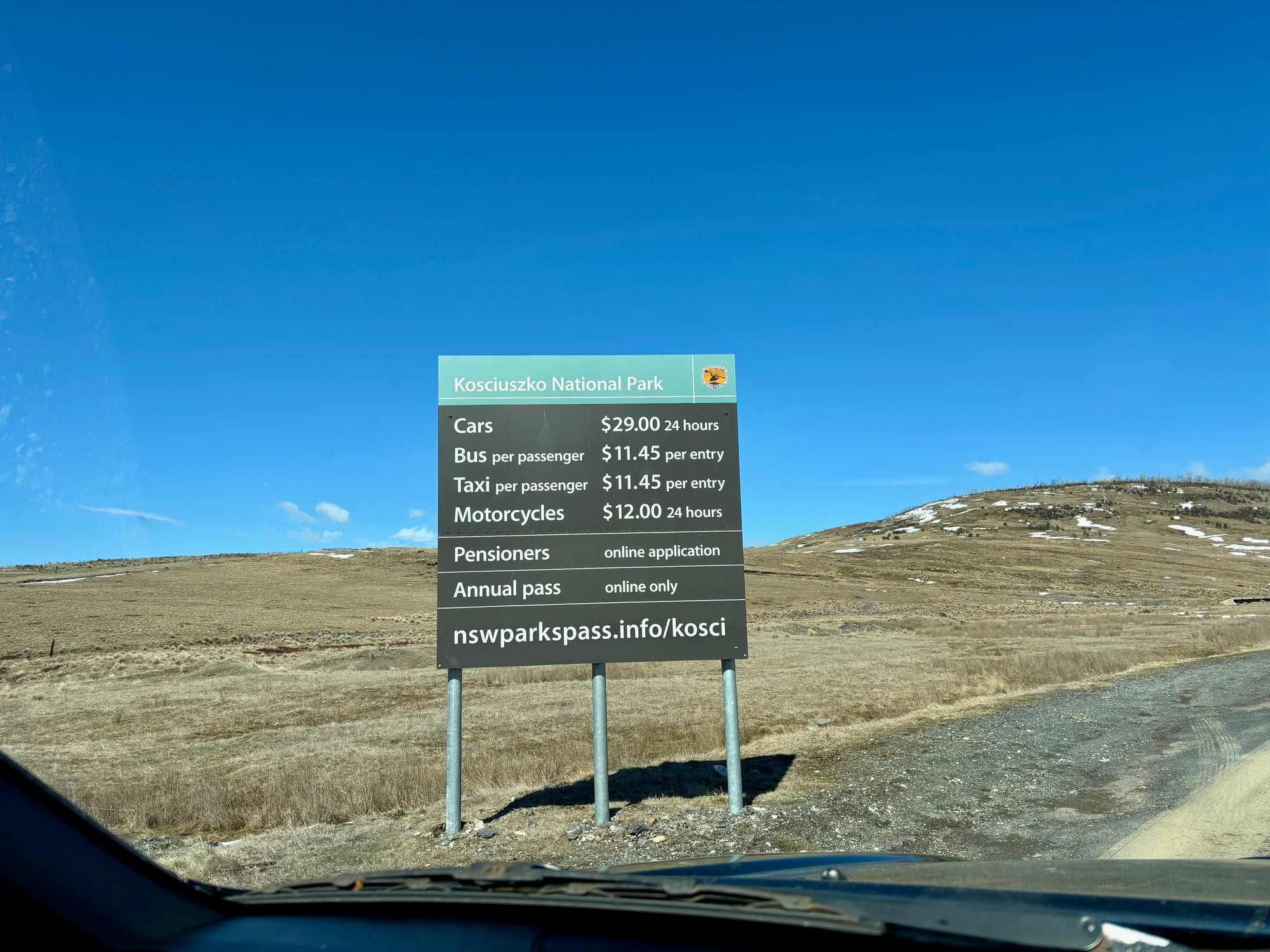 The Kosciuszko National Park entry fee sign on Link Road: cars $29 for 24 hours