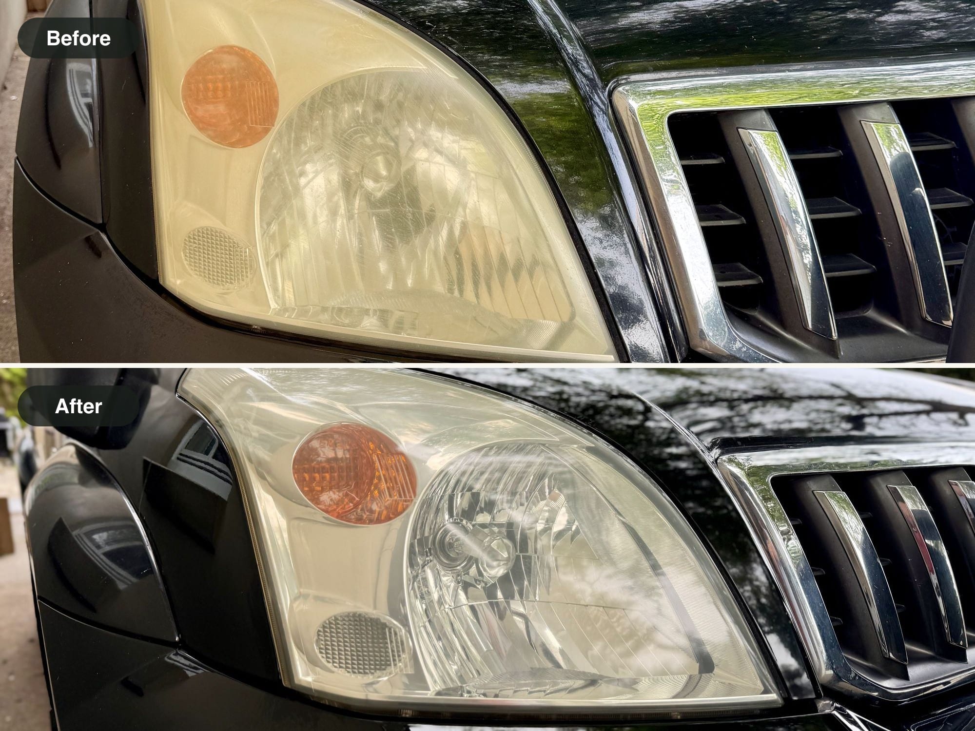 Before and after: a yellowed, cloudy headlight on a black 4WD, and the same headlight clear after using the Turtle Wax kit