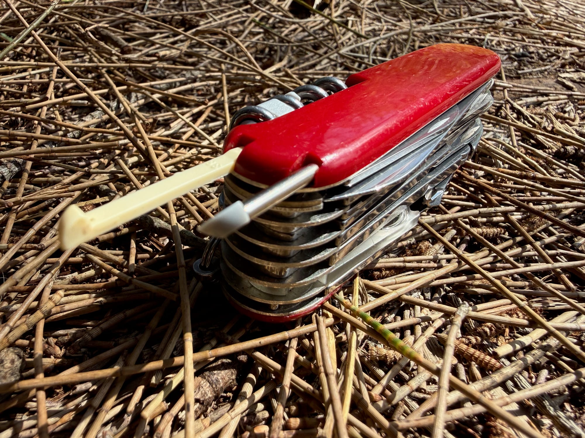 The toothpick and tweezers pulled out of the end of the red SwissChamp