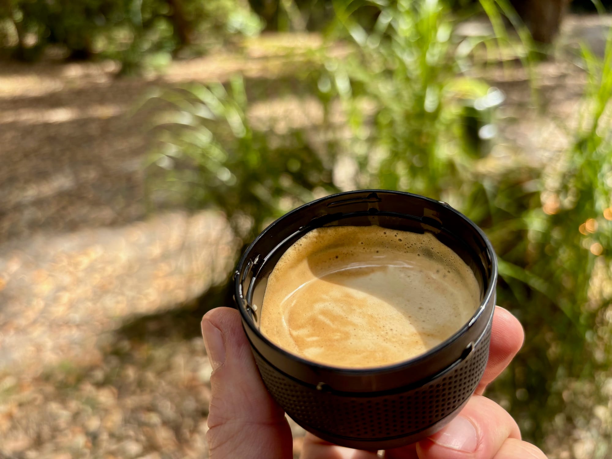 An espresso with crema from the Minipresso GR in its cup