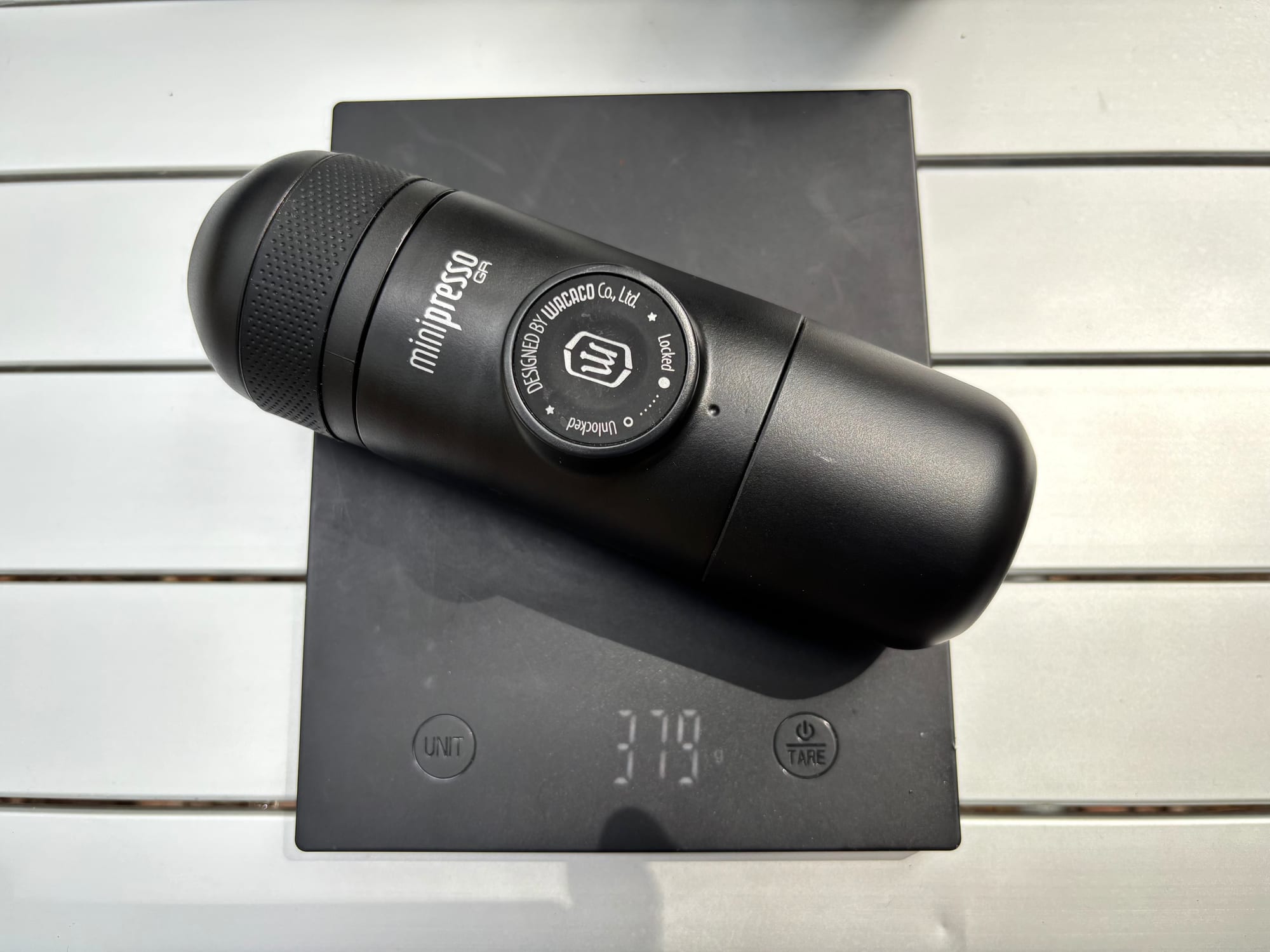 The Wacaco Minipresso GR on the scale at 379 g
