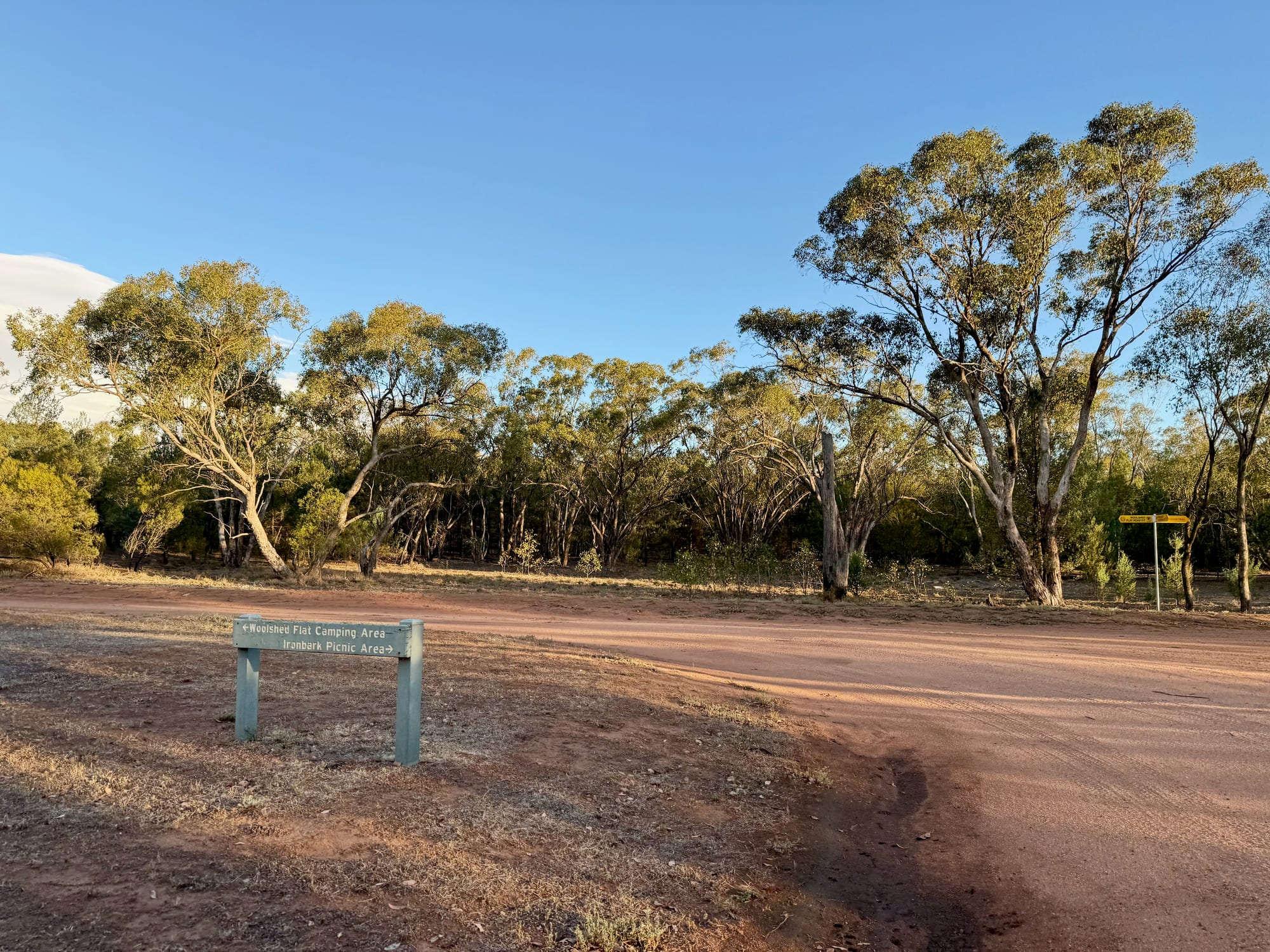 The Woolshed Flat camping area sign at the entrance to the campground