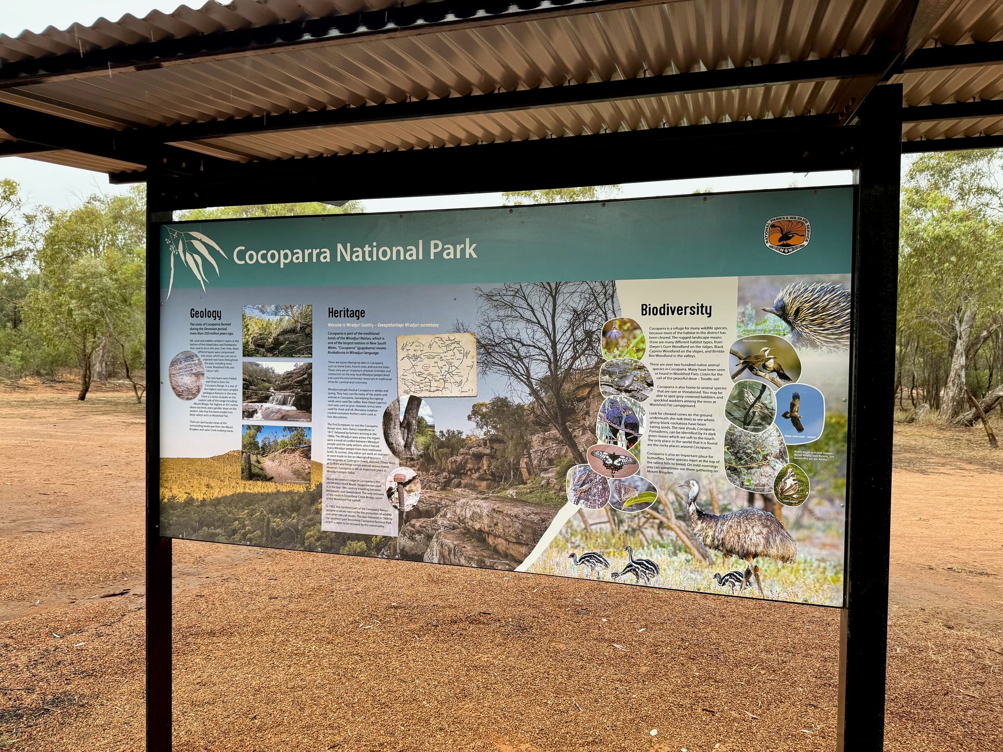 An information board about Cocoparra National Park at Woolshed Flat Campground