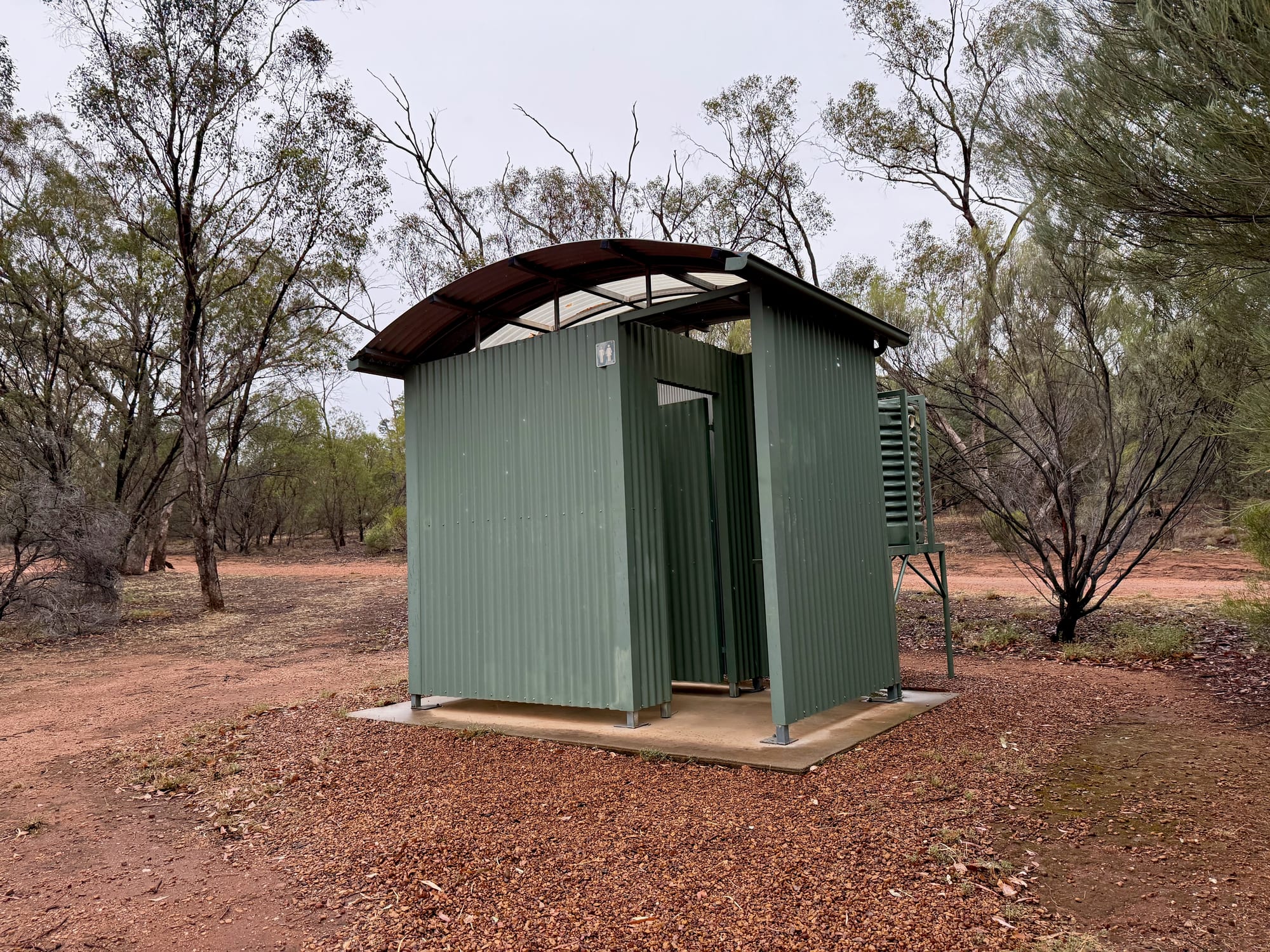 A toilet block at Woolshed Flat Campground