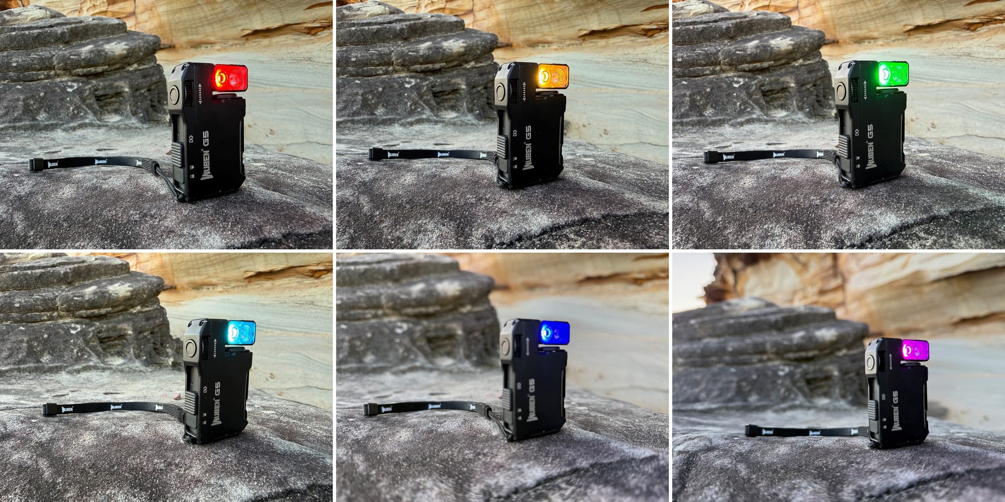 Six of the seven light colours of the Wuben G5: red, orange, green, cyan, blue and purple