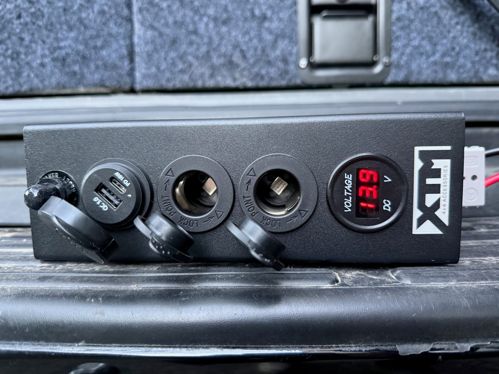 The sockets and USB ports of the XTM Distribution Panel with their caps open