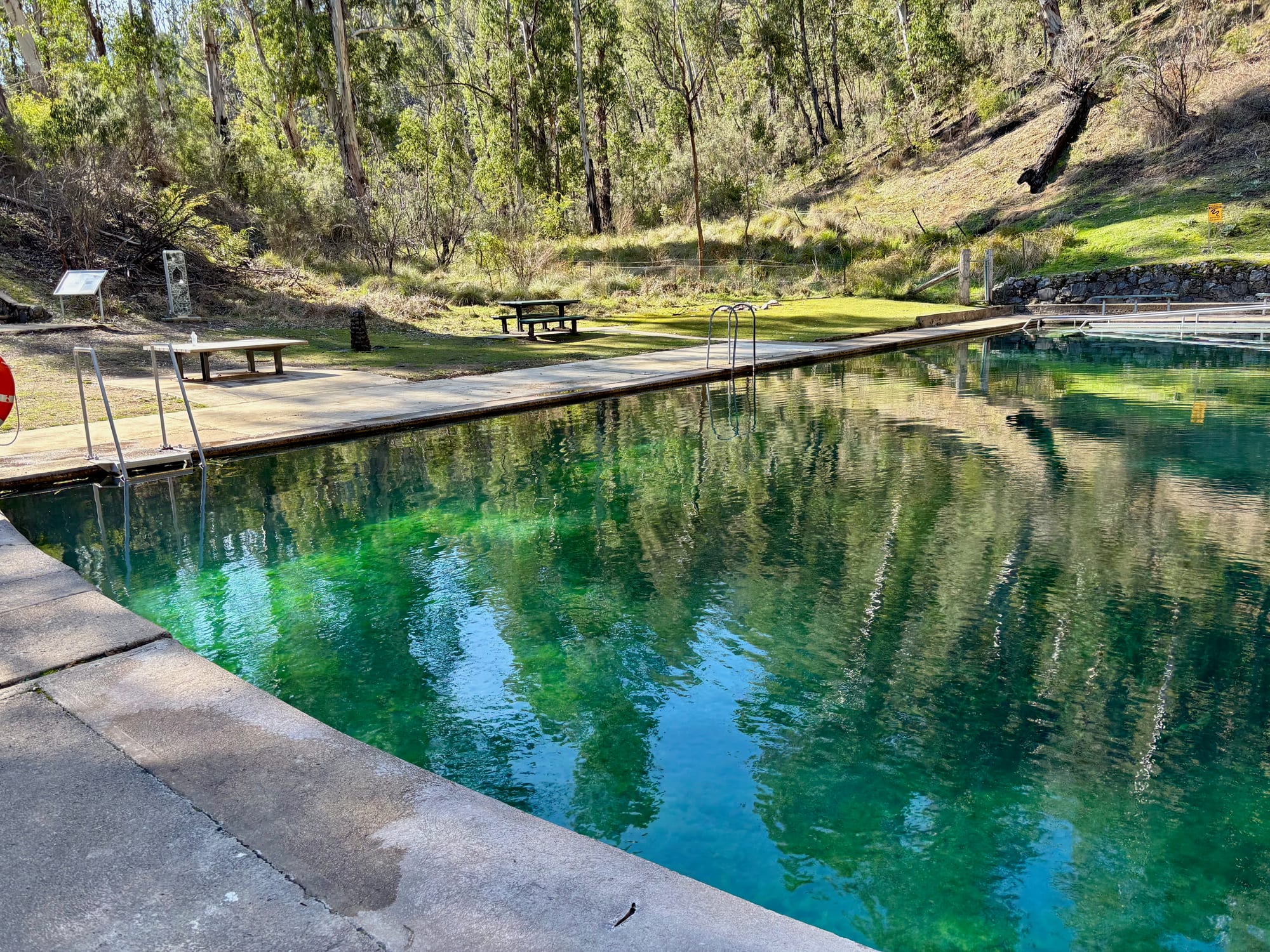 The thermal pool at Yarrangobilly Caves with its ladders and picnic tables, and bush behind