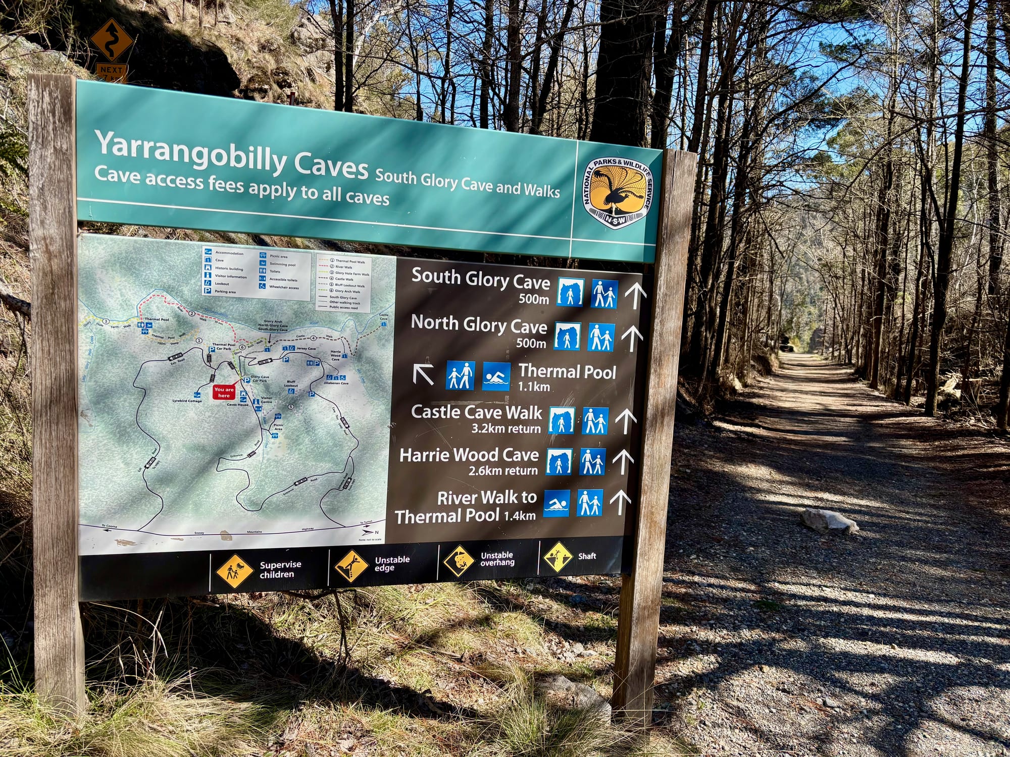 The sign at the start of the track with distances to South Glory Cave, North Glory Cave, the Thermal Pool and the walks